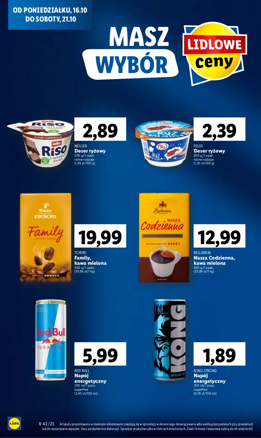 Gazetka promocyjna Lidl - GAZETKA - ważna 16.10 do 18.10.2023 - strona 18 - produkty: Bell, Bella, Deser, Fa, Kawa, Kawa mielona, Müller, Napój, Napój energetyczny, Pilos, Red Bull, Ryż, Ser, Tchibo, Tchibo Family