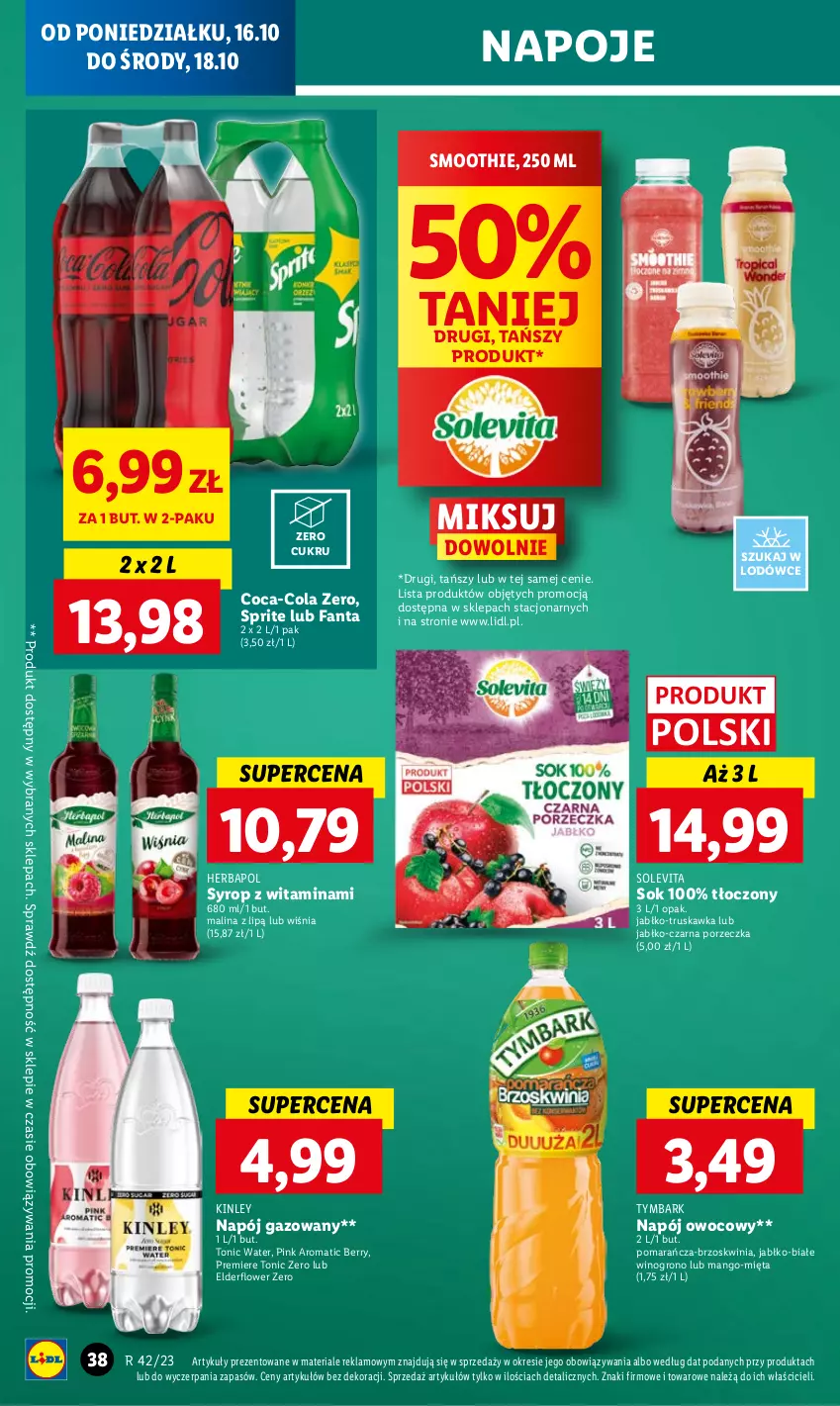 Gazetka promocyjna Lidl - GAZETKA - ważna 16.10 do 18.10.2023 - strona 46 - produkty: Coca-Cola, Fa, Fanta, Herbapol, Mango, Mięta, Napój, Napój gazowany, Napoje, Por, Premiere, Smoothie, Sok, Sprite, Syrop, Tymbark, Wino