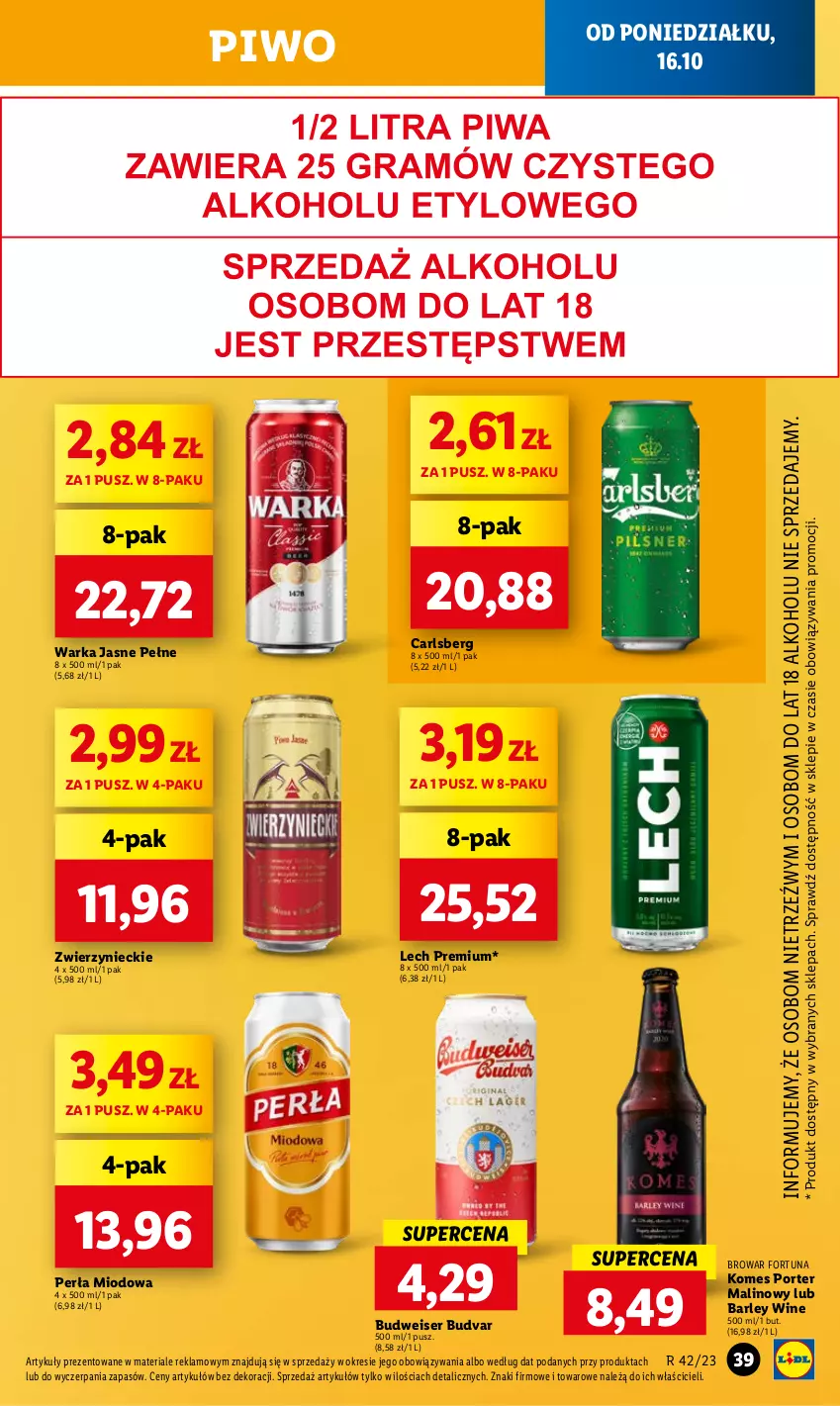 Gazetka promocyjna Lidl - GAZETKA - ważna 16.10 do 18.10.2023 - strona 47 - produkty: Carlsberg, Fortuna, Lech Premium, Perła, Piwo, Por, Ser, Warka