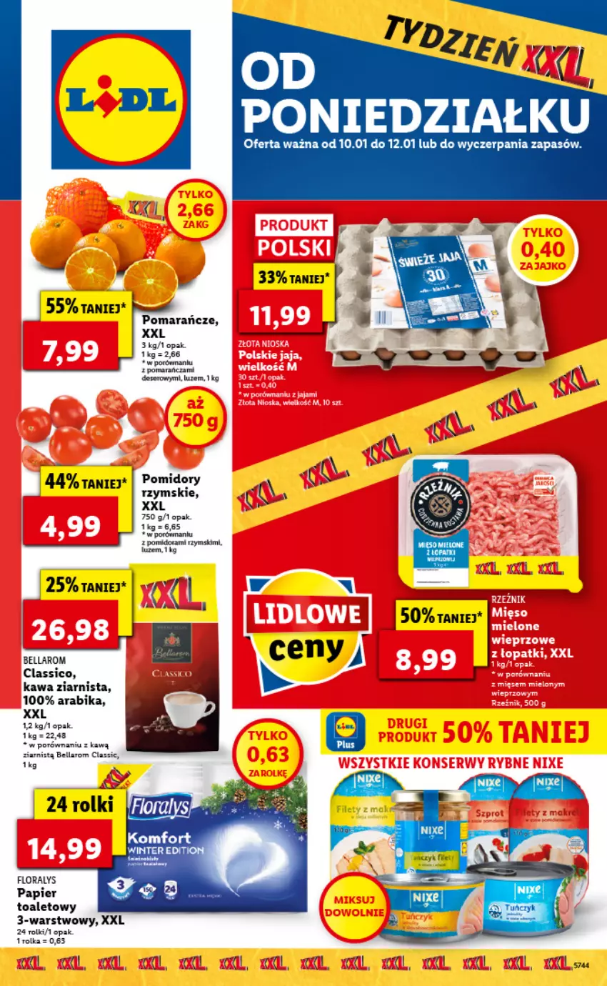 Gazetka promocyjna Lidl - GAZETKA - ważna 10.01 do 12.01.2022 - strona 1 - produkty: Bell, Bella, Deser, Fa, Flora, Kawa, Kawa ziarnista, Mięso, Papier, Papier toaletowy, Pomarańcze, Pomidory, Por, Rolki, Ser