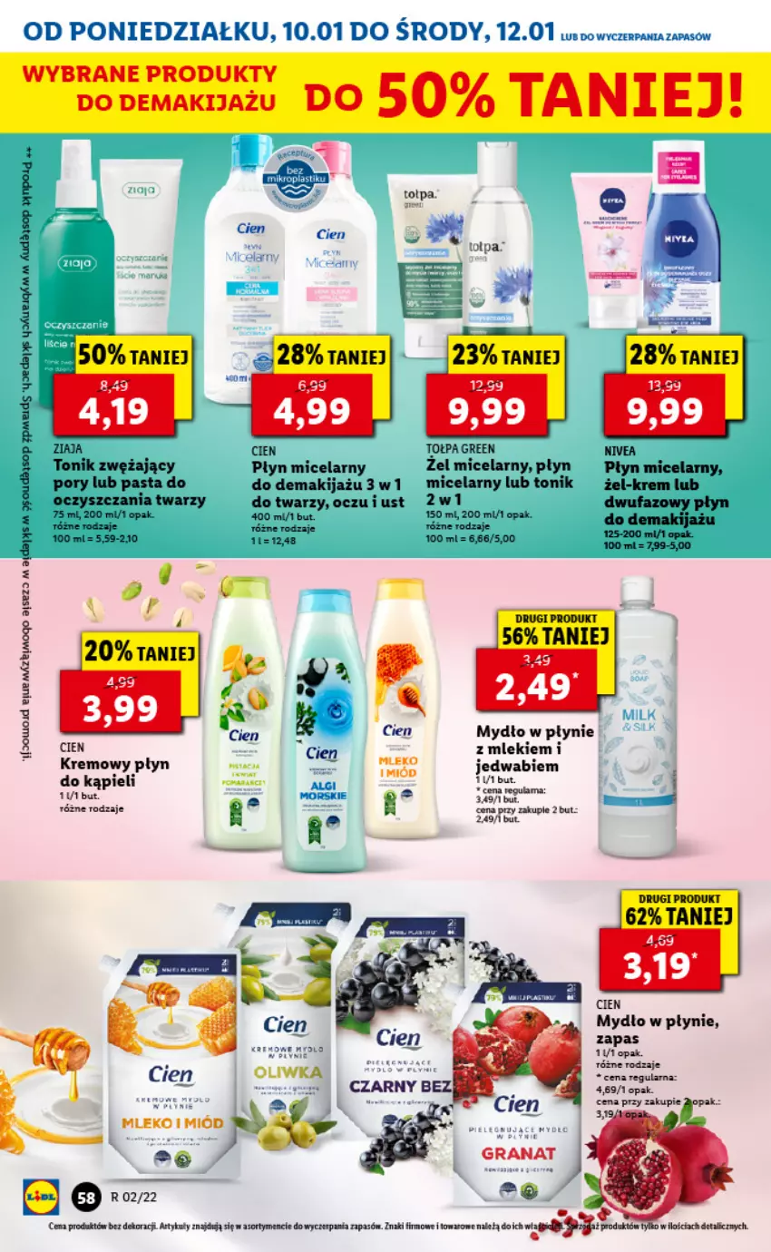 Gazetka promocyjna Lidl - GAZETKA - ważna 10.01 do 12.01.2022 - strona 58 - produkty: Cień, Makijaż, Miód, Mleko, Mydło, Mydło w płynie, Nivea, Płyn micelarny, Por, Tołpa, Tonik, Ziaja