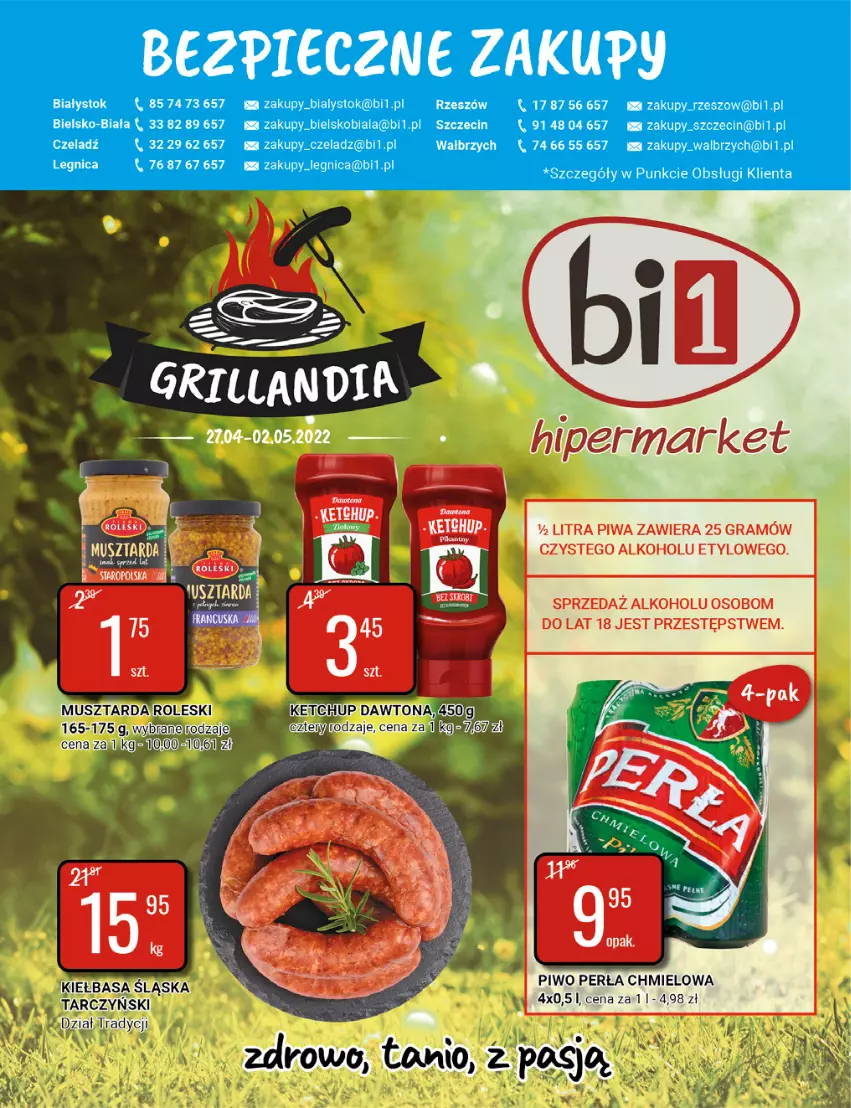 Gazetka promocyjna Bi1 - Grillandia - ważna 27.04 do 02.05.2022 - strona 1 - produkty: Dawtona, Gra, Ketchup, Kiełbasa, Kiełbasa śląska, LG, Mus, Musztarda, Perła, Piwa, Piwo, Tarczyński