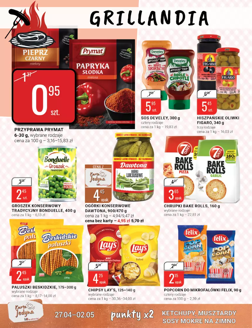 Gazetka promocyjna Bi1 - Grillandia - ważna 27.04 do 02.05.2022 - strona 4 - produkty: Bake Rolls, Beskidzki, Bonduelle, Chipsy, Chrupki, Dawtona, Fa, Felix, Grill, Groszek, Ketchup, Mus, Ogórki konserwowe, Oliwki, Popcorn, Prymat, Ser, Sos