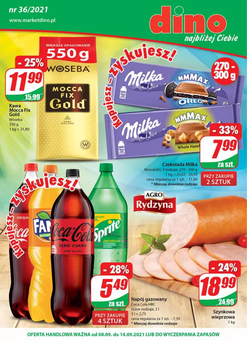 Gazetka promocyjna Dino - Gazetka - ważna 08.09 do 14.09.2021 - strona 1 - produkty: Czekolada, Gin, LG, Milka, Mocca Fix Gold, Napój, Napój gazowany, Szynkowa wieprzowa, Woseba