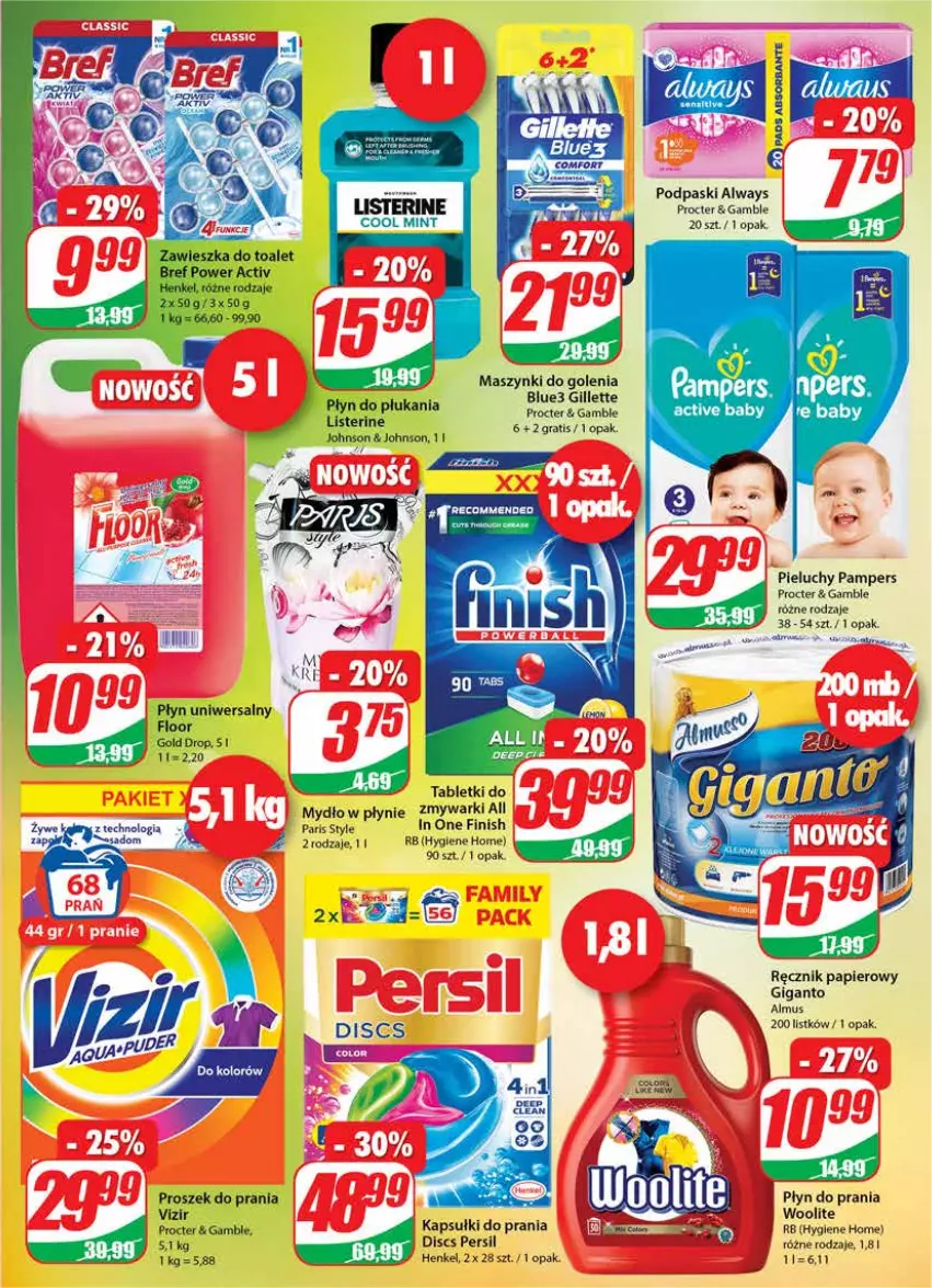 Gazetka promocyjna Dino - Gazetka - ważna 08.09 do 14.09.2021 - strona 19 - produkty: Always, Bref, Fa, Finish, Gillette, Gra, Kapsułki do prania, Listerine, Mus, Mydło, Mydło w płynie, Pampers, Papier, Persil, Pieluchy, Płyn do płukania, Płyn do prania, Podpaski, Proszek do prania, Ręcznik, Tablet, Vizir, Woolite, Zmywarki