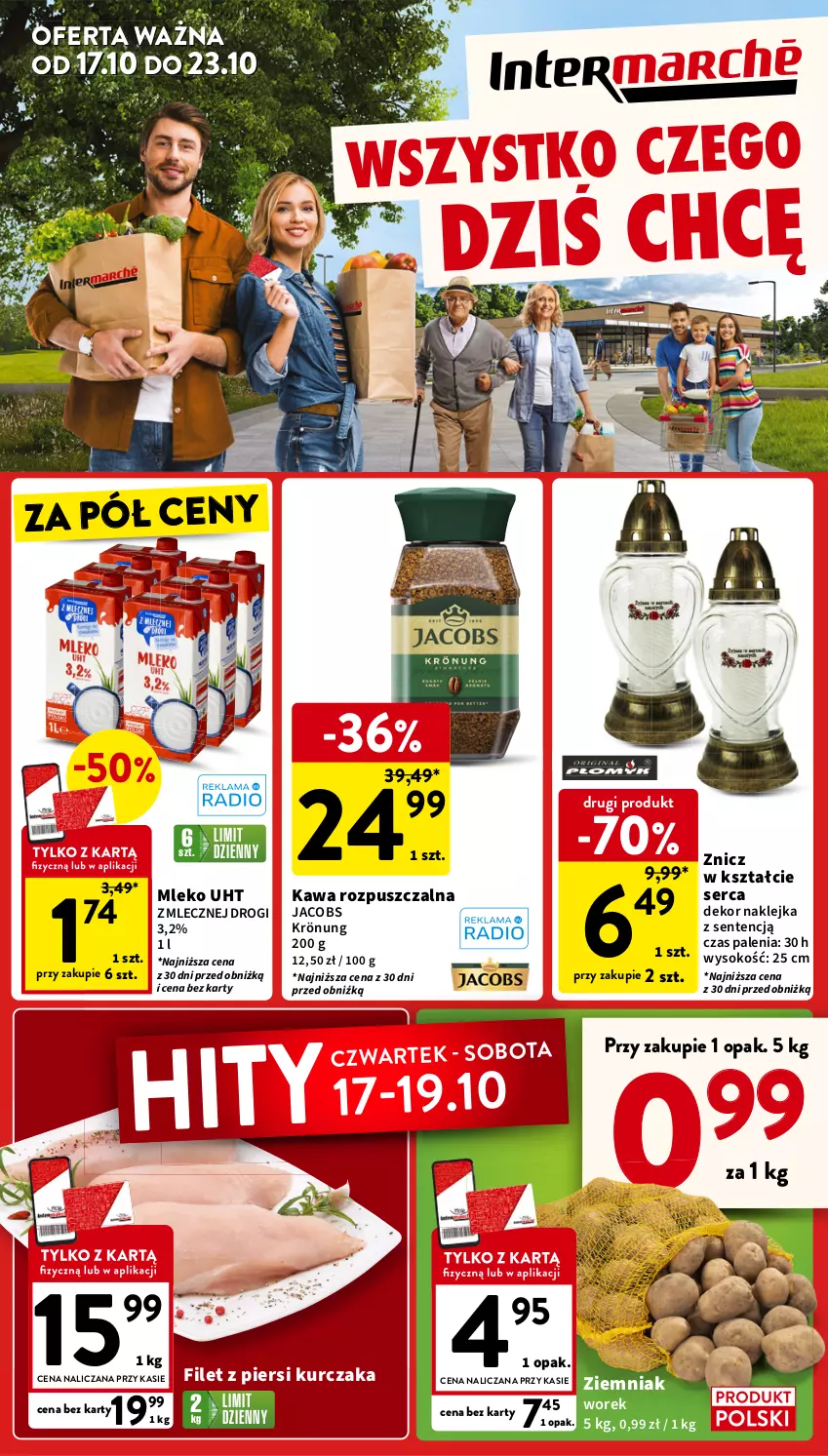 Gazetka promocyjna Intermarche - Gazetka Intermarche - ważna 17.10 do 23.10.2024 - strona 1 - produkty: Filet z piersi kurczaka, Jacobs, Jacobs Krönung, Kawa, Kawa rozpuszczalna, Klej, Kurczak, Mleko, Ser, Sok, Znicz