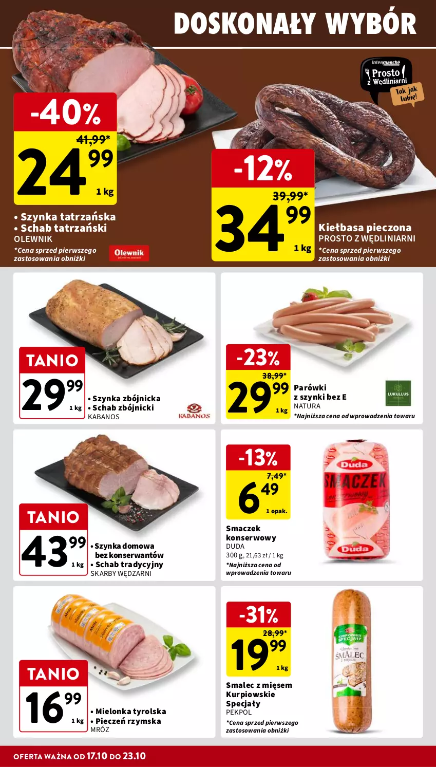 Gazetka promocyjna Intermarche - Gazetka Intermarche - ważna 17.10 do 23.10.2024 - strona 14 - produkty: Duda, Kabanos, Kiełbasa, Mielonka tyrolska, Olewnik, Parówki, Parówki z szynki, Pekpol, Piec, Pieczeń rzymska, Ser, Smalec, Szynka