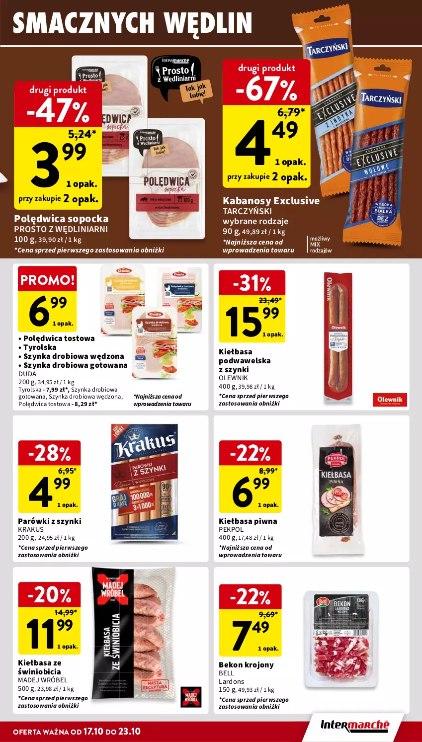 Gazetka promocyjna Intermarche - Gazetka Intermarche - ważna 17.10 do 23.10.2024 - strona 15 - produkty: Beko, Bell, BIC, Duda, Kabanos, Kiełbasa, Kiełbasa piwna, Kiełbasa podwawelska, Krakus, Madej Wróbel, Olewnik, Parówki, Parówki z szynki, Pekpol, Polędwica, Szynka, Tarczyński, Wawel