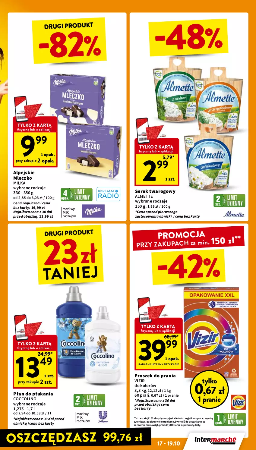 Gazetka promocyjna Intermarche - Gazetka Intermarche - ważna 17.10 do 23.10.2024 - strona 3 - produkty: Almette, Coccolino, Karmi, Milka, Mleczko, Papier, Piwa, Płyn do płukania, Proszek do prania, Ser, Serek, Serek twarogowy, Tran, Vizir