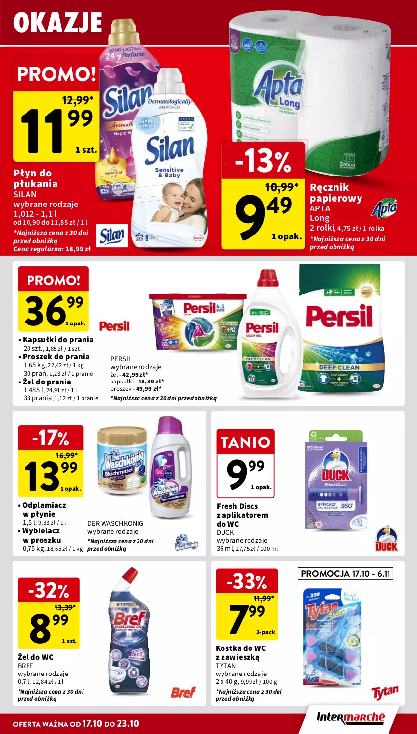 Gazetka promocyjna Intermarche - Gazetka Intermarche - ważna 17.10 do 23.10.2024 - strona 33 - produkty: Bref, Duck, Kapsułki do prania, Kostka do wc, Odplamiacz, Papier, Persil, Płyn do płukania, Proszek do prania, Ręcznik, Rolki, Silan, Tytan