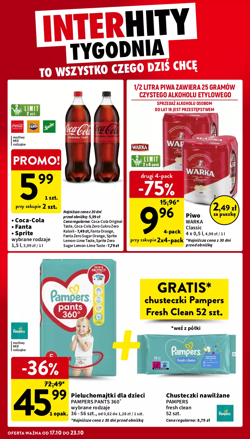 Gazetka promocyjna Intermarche - Gazetka Intermarche - ważna 17.10 do 23.10.2024 - strona 6 - produkty: Chusteczki, Coca-Cola, Dzieci, Fa, Fanta, Gin, Gra, Majtki, Pampers, Pieluchomajtki, Piwa, Piwo, Sprite, Warka