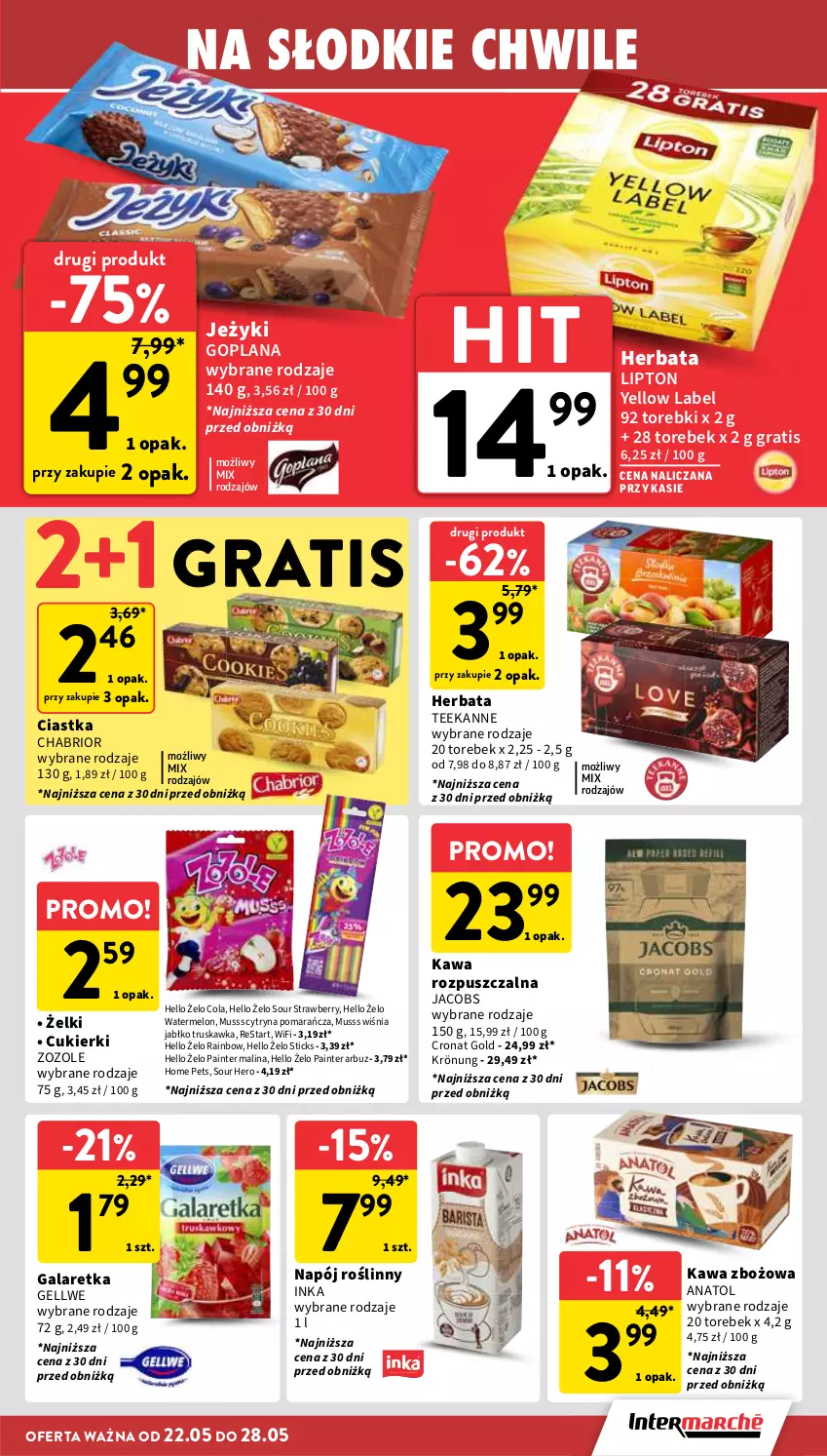 Gazetka promocyjna Intermarche - Gazetka Intermarche - ważna 22.05 do 28.05.2025 - strona 25 - produkty: Arbuz, Chabrior, Ciastka, Cukier, Cukierki, Gala, Galaretka, Goplana, Gra, Herbata, Inka, Jacobs, Jeżyki, Kawa, Kawa rozpuszczalna, Kawa zbożowa, LANA, Lipton, Melon, Mus, Napój, Napój roślinny, Teekanne