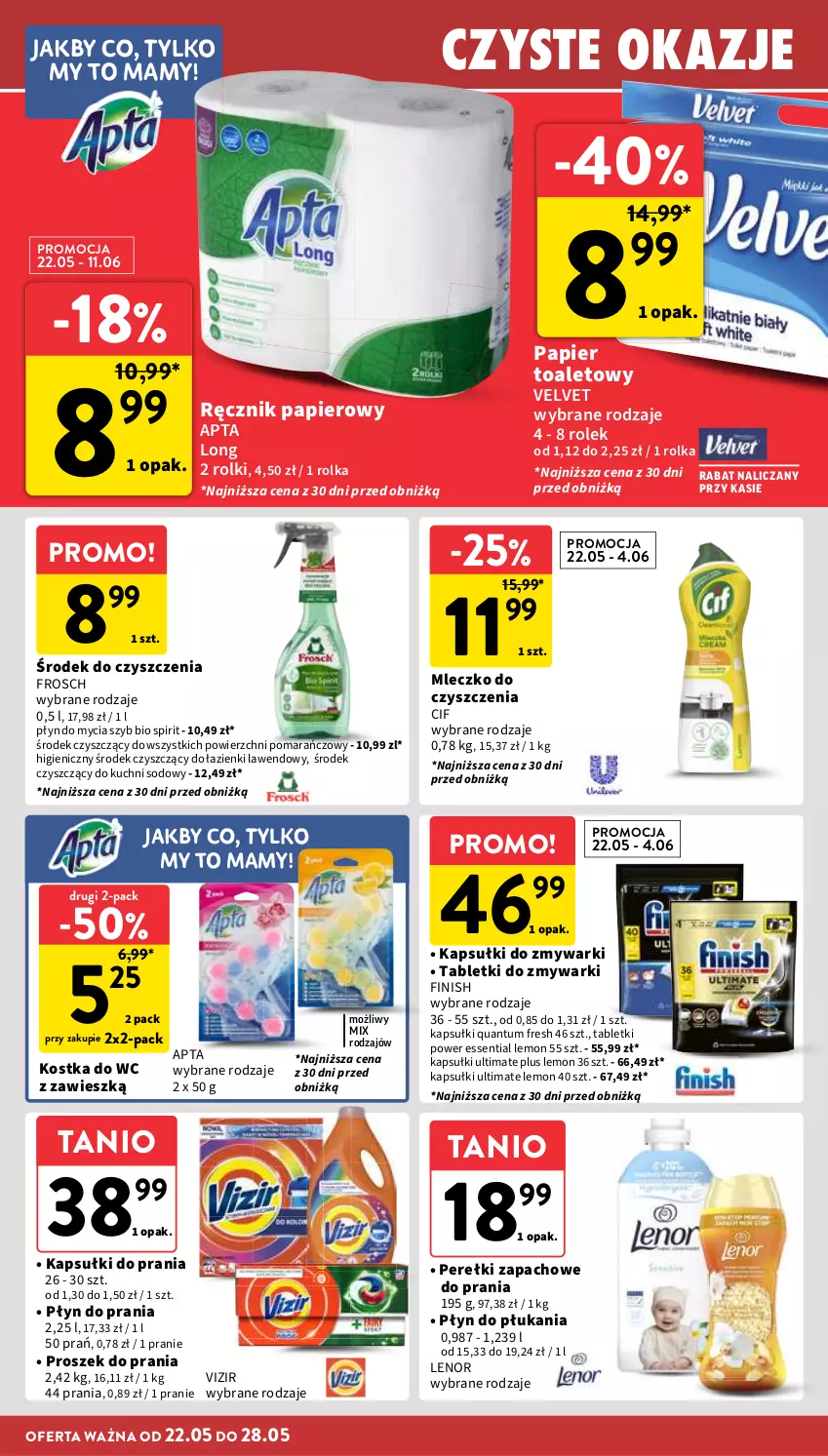 Gazetka promocyjna Intermarche - Gazetka Intermarche - ważna 22.05 do 28.05.2025 - strona 32 - produkty: Cif, Finish, Frosch, Kapsułki do prania, Kostka do wc, Lenor, Mleczko, Papier, Papier toaletowy, Perełki zapachowe, Płyn do mycia, Płyn do płukania, Płyn do prania, Proszek do prania, Ręcznik, Rolki, Tablet, Tabletki do zmywarki, Velvet, Vizir, Zmywarki