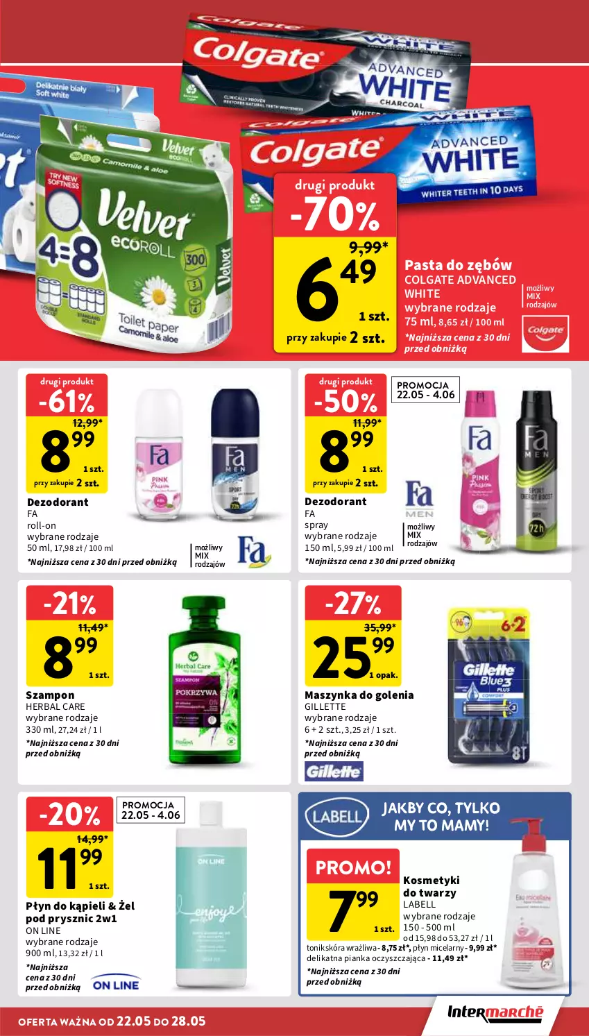 Gazetka promocyjna Intermarche - Gazetka Intermarche - ważna 22.05 do 28.05.2025 - strona 33 - produkty: Bell, Colgate, Dezodorant, Fa, Gillette, LG, Maszynka, Maszynka do golenia, Pasta do zębów, Płyn do kąpieli, Płyn micelarny, Szampon, Szynka, Tonik