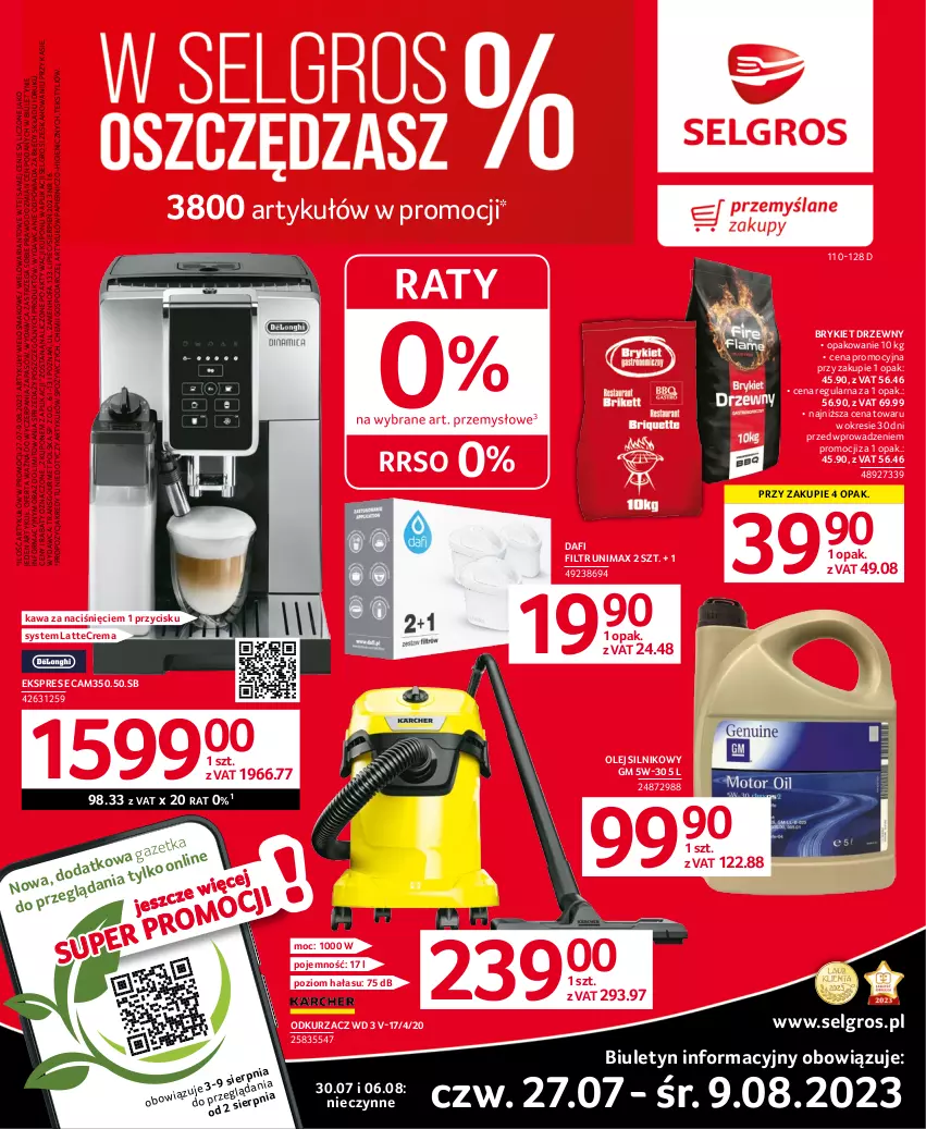 Gazetka promocyjna Selgros - Oferta przemysłowa - ważna 27.07 do 09.08.2023 - strona 1 - produkty: Brykiet drzewny, Fa, Kawa, LG, Odkurzacz, Olej, Olej silnikowy, Papier, Piec, Tran