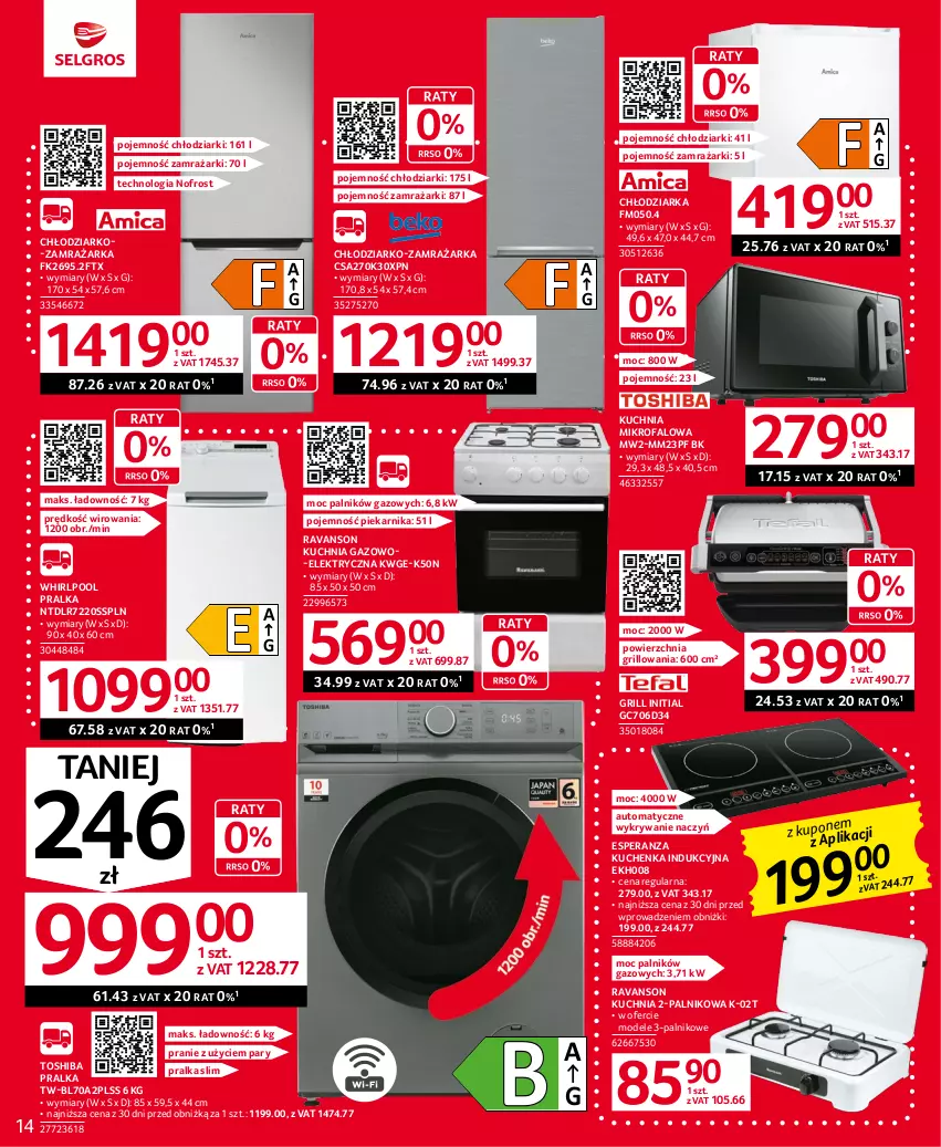 Gazetka promocyjna Selgros - Oferta przemysłowa - ważna 27.07 do 09.08.2023 - strona 14 - produkty: Chłodziarka, Fa, Grill, K2, Kuchnia, Kuchnia gazowo-elektryczna, Piekarnik, Pralka, Toshiba, Whirlpool, Zamrażarka