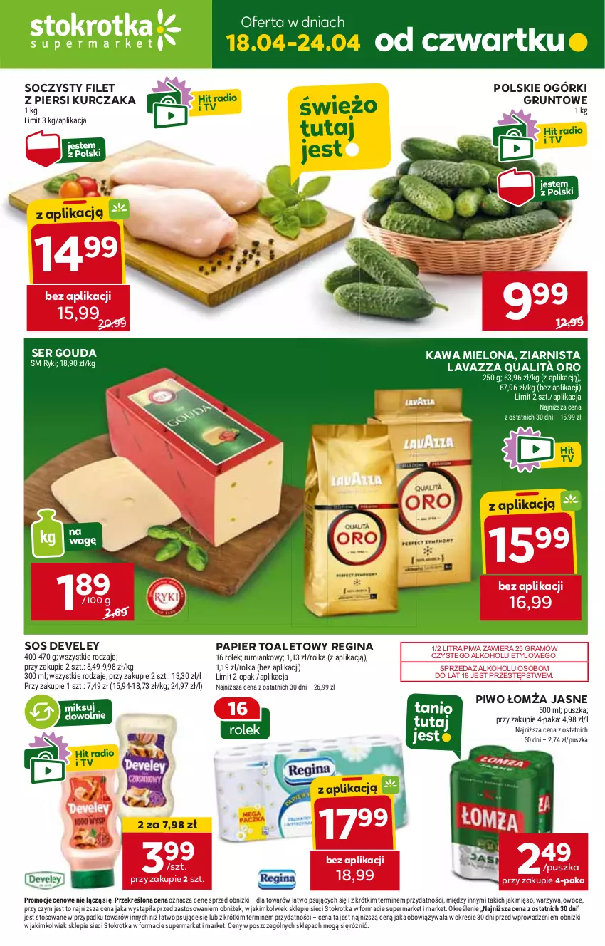 Gazetka promocyjna Stokrotka - Supermarket - ważna 18.04 do 24.04.2024 - strona 1 - produkty: Filet z piersi kurczaka, Gin, Gouda, Gra, Grunt, Kawa, Kawa mielona, Kurczak, Lavazza, Papier, Papier toaletowy, Piwa, Piwo, Ser, Sos