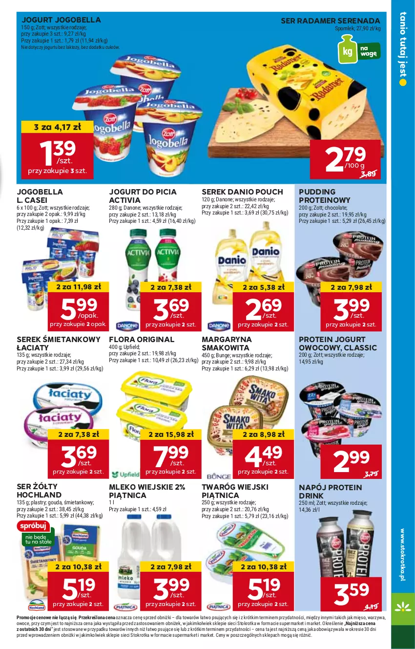 Gazetka promocyjna Stokrotka - Supermarket - ważna 18.04 do 24.04.2024 - strona 11 - produkty: Activia, Bell, Bella, Danio, Danone, Flora, Gin, Hochland, Jogobella, Jogurt, Jogurt owocowy, Margaryna, Mleko, Napój, Piątnica, Pudding, Radamer, Ser, Serek, Smakowita, Twaróg