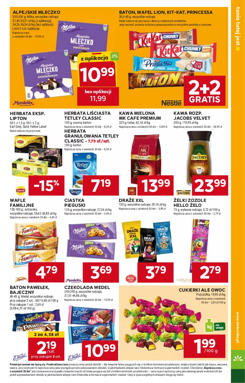 Gazetka promocyjna Stokrotka - Supermarket - ważna 18.04 do 24.04.2024 - strona 13 - produkty: Baton, Ciastka, Cukier, Cukierki, Czekolada, Fa, Gra, Herbata, Jacobs, Jacobs Velvet, Kawa, Kawa mielona, Lion, Lipton, Mleczko, Princessa, Tetley, Velvet, Wafle