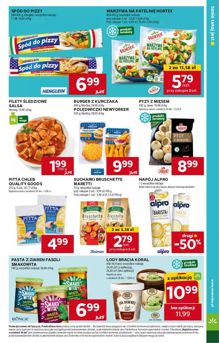 Gazetka promocyjna Stokrotka - Supermarket - ważna 18.04 do 24.04.2024 - strona 15 - produkty: Alpro, Bruschette, Burger, Chleb, Fa, Hortex, Kurczak, Lody, Napój, Salsa, Smakowita, Spód do pizzy, Warzywa