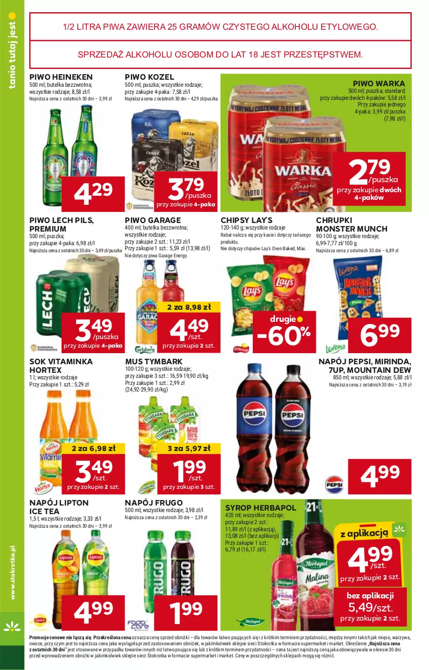 Gazetka promocyjna Stokrotka - Supermarket - ważna 18.04 do 24.04.2024 - strona 18 - produkty: 7up, Chipsy, Chrupki, Gra, Heineken, Herbapol, Hortex, Ice tea, Inka, Kozel, Lay’s, Lipton, Mirinda, Monster Munch, Mus, Napój, Pepsi, Piwa, Piwo, Sok, Syrop, Tymbark, Warka