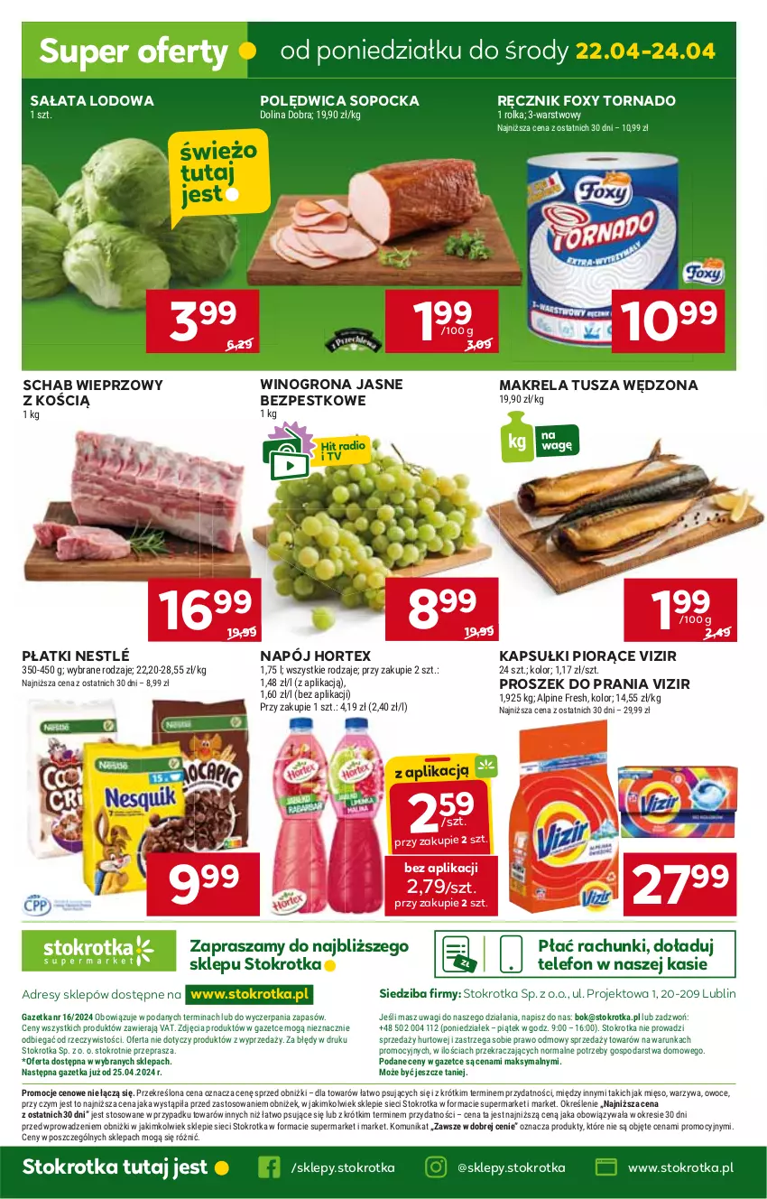 Gazetka promocyjna Stokrotka - Supermarket - ważna 18.04 do 24.04.2024 - strona 22 - produkty: Dres, Foxy, Hortex, JBL, Napój, Nestlé, Polędwica, Proszek do prania, Ręcznik, Sałat, Sałata lodowa, Schab wieprzowy, Telefon, Tusz, Vizir, Wino, Winogrona