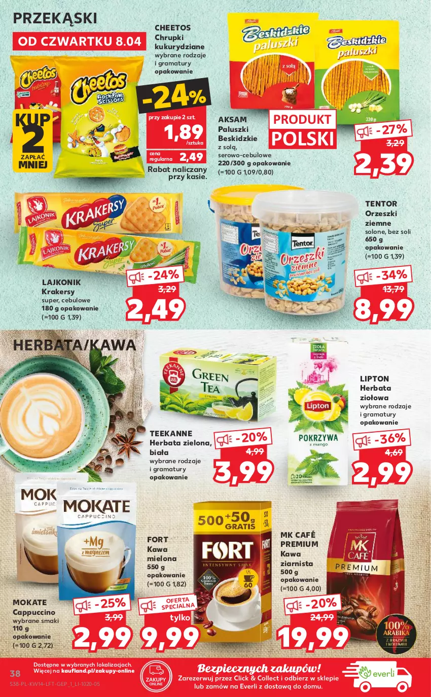 Gazetka promocyjna Kaufland - OFERTA TYGODNIA - ważna 08.04 do 14.04.2021 - strona 38 - produkty: Aksam, Beskidzki, Cappuccino, Cheetos, Chrupki, Gra, Herbata, Kawa, Kawa mielona, Kawa ziarnista, Krakersy, Lajkonik, Lipton, Orzeszki, Orzeszki ziemne, Piec, Rama, Ser, Teekanne