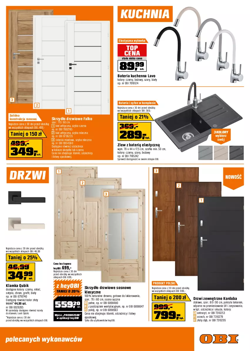 Gazetka promocyjna Obi - Gazetka OBI - ważna 07.05 do 20.05.2025 - strona 19 - produkty: Bateria, Bateria kuchenna, Drzwi, Drzwi zewnętrzne, Fa, Gra, Klamka, Kuchnia, Lakier, Por, Ser, Skrzydło drzwiowe, Sos, Syfon, Szafka, Top, Zlew