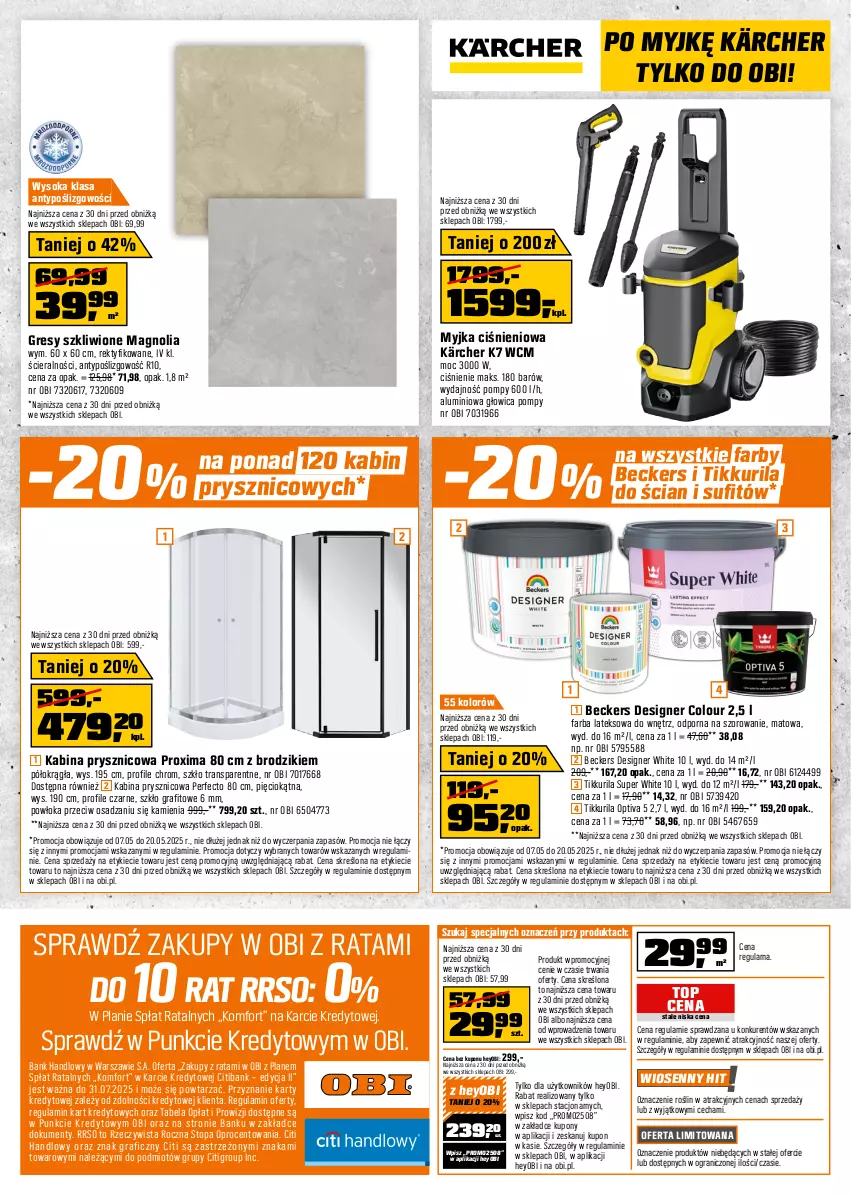Gazetka promocyjna Obi - Gazetka OBI - ważna 07.05 do 20.05.2025 - strona 20 - produkty: Beckers, Brodzik, Designer Colour, Fa, Farba lateksowa, Gra, Gres, Kabina prysznicowa, Kärcher, Myjka ciśnieniowa, Por, Sok, Szkło grafitowe, Top, Tran