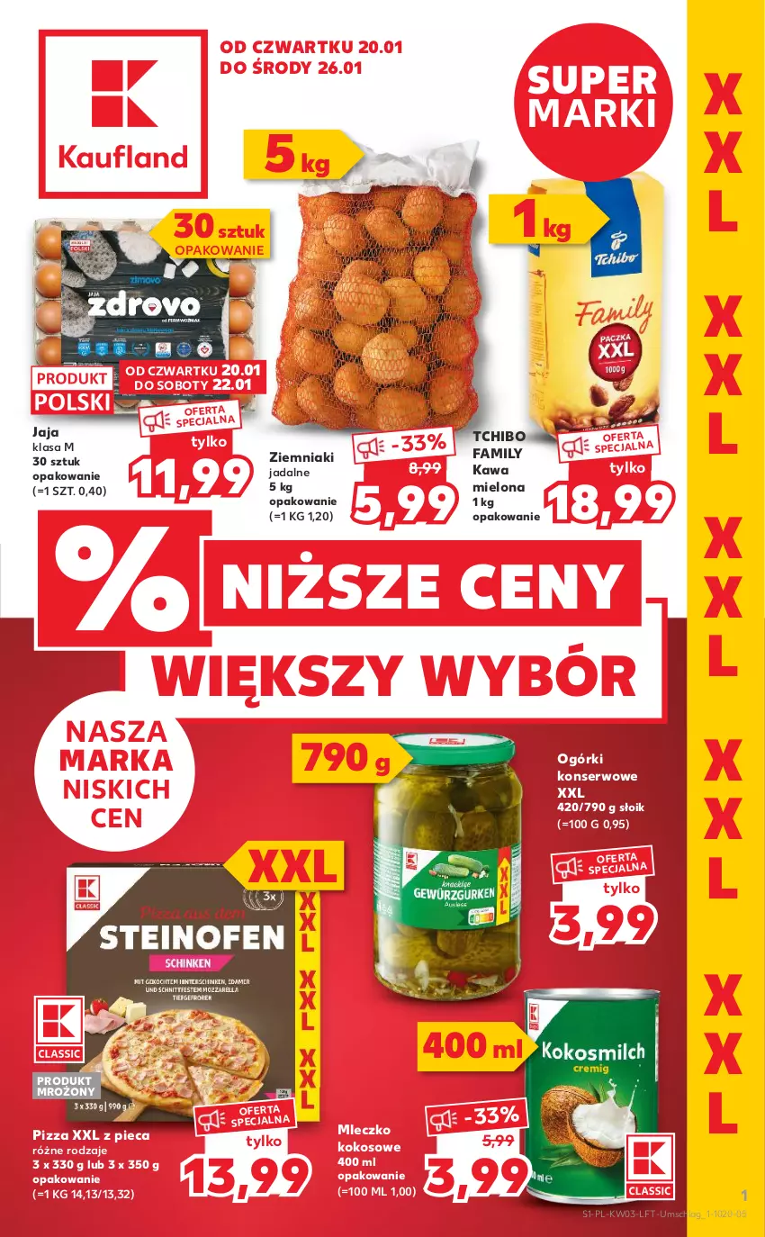 Gazetka promocyjna Kaufland - OFERTA TYGODNIA - ważna 20.01 do 26.01.2022 - strona 1 - produkty: Fa, Jaja, Kawa, Kawa mielona, Kokos, Mleczko, Ogórki konserwowe, Piec, Pizza, Ser, Tchibo, Tchibo Family, Ziemniaki