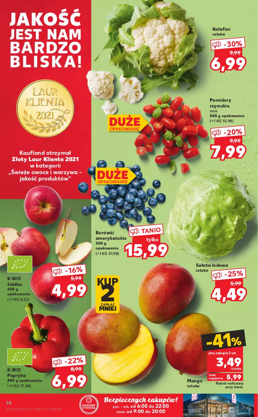 Gazetka promocyjna Kaufland - OFERTA TYGODNIA - ważna 20.01 do 26.01.2022 - strona 14 - produkty: Jabłka, Kalafior, Laur, Mango, Owoce, Papryka, Piec, Pomidory, Sałat, Sałata lodowa, Warzywa