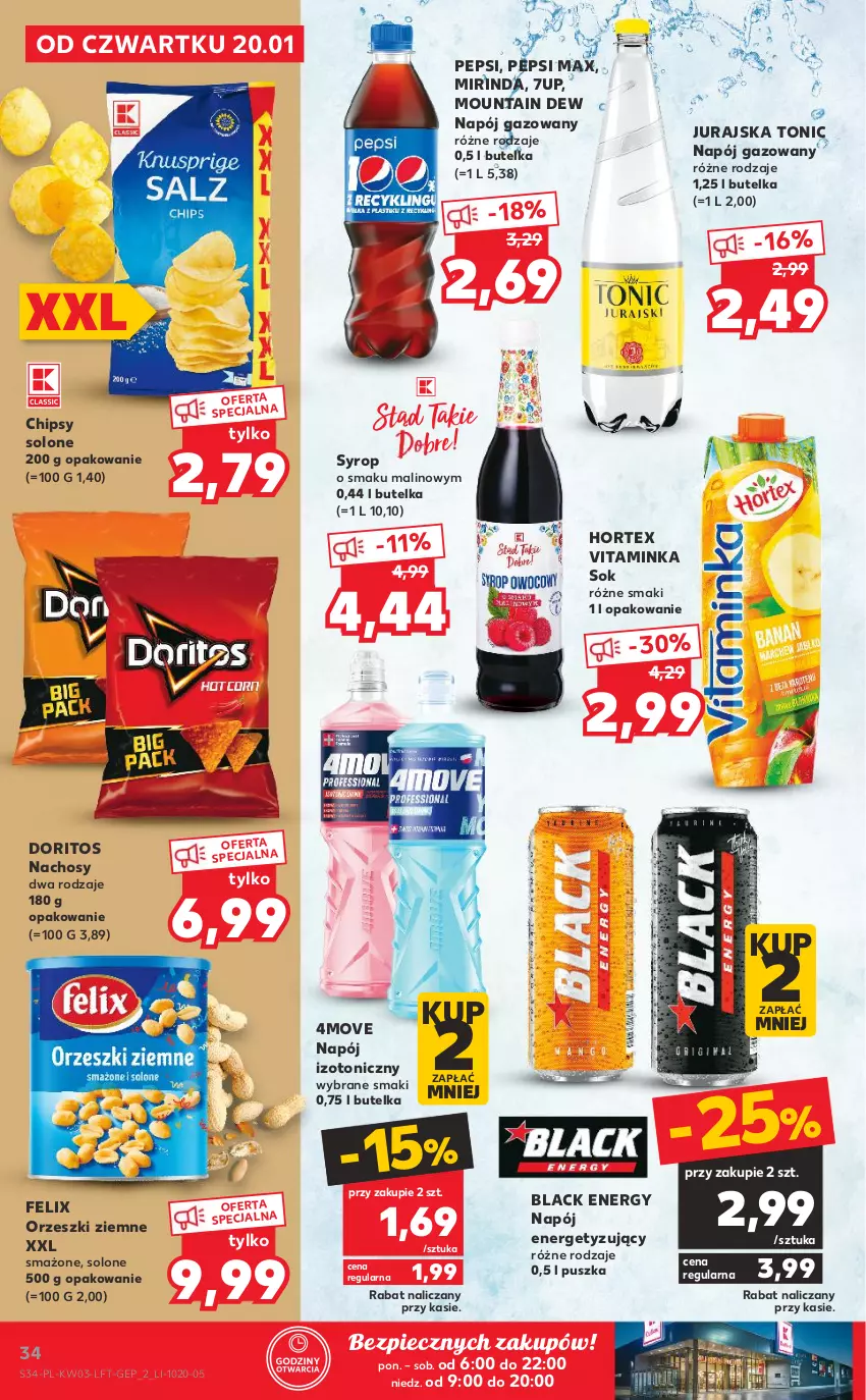 Gazetka promocyjna Kaufland - OFERTA TYGODNIA - ważna 20.01 do 26.01.2022 - strona 34 - produkty: 7up, Chipsy, Felix, Hortex, Inka, Lack, Mirinda, Napój, Napój gazowany, Napój izotoniczny, Orzeszki, Orzeszki ziemne, Pepsi, Pepsi max, Piec, Sok, Syrop