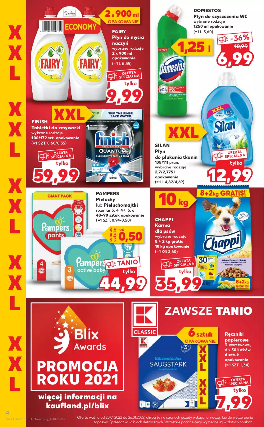 Gazetka promocyjna Kaufland - OFERTA TYGODNIA - ważna 20.01 do 26.01.2022 - strona 4 - produkty: Chappi, Do mycia naczyń, Domestos, Fa, Fairy, Finish, Gra, Majtki, Pampers, Papier, Pieluchomajtki, Pieluchy, Płyn do czyszczenia wc, Płyn do mycia, Płyn do mycia naczyń, Płyn do płukania, Ręcznik, Ręczniki papierowe, Silan, Tablet, Tabletki do zmywarki, Zmywarki