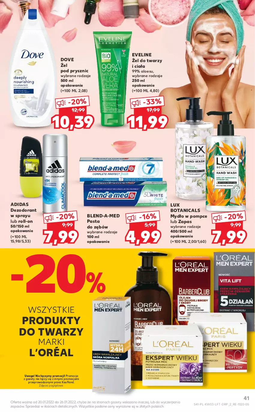 Gazetka promocyjna Kaufland - OFERTA TYGODNIA - ważna 20.01 do 26.01.2022 - strona 41 - produkty: Adidas, Blend-a-Med, Dezodorant, Dove, Eveline, L’Oréal, Mydło, Pasta do zębów, Waga