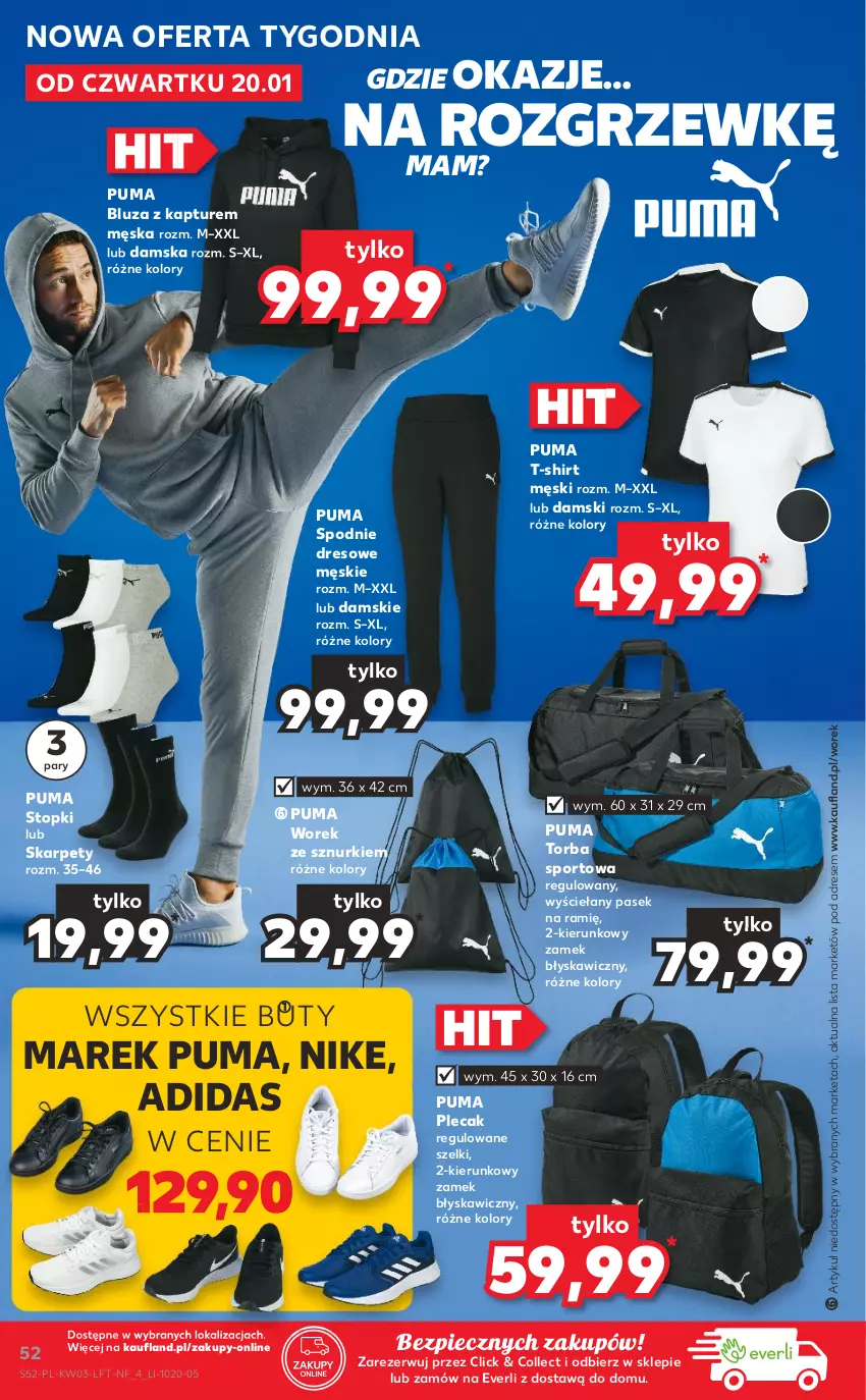 Gazetka promocyjna Kaufland - OFERTA TYGODNIA - ważna 20.01 do 26.01.2022 - strona 52 - produkty: Adidas, Bluza, Bluza z kapturem, Buty, Dres, Karp, Nike, Pasek, Piec, Plecak, Por, Puma, Spodnie, Spodnie dresowe, Sport, T-shirt, Top, Torba