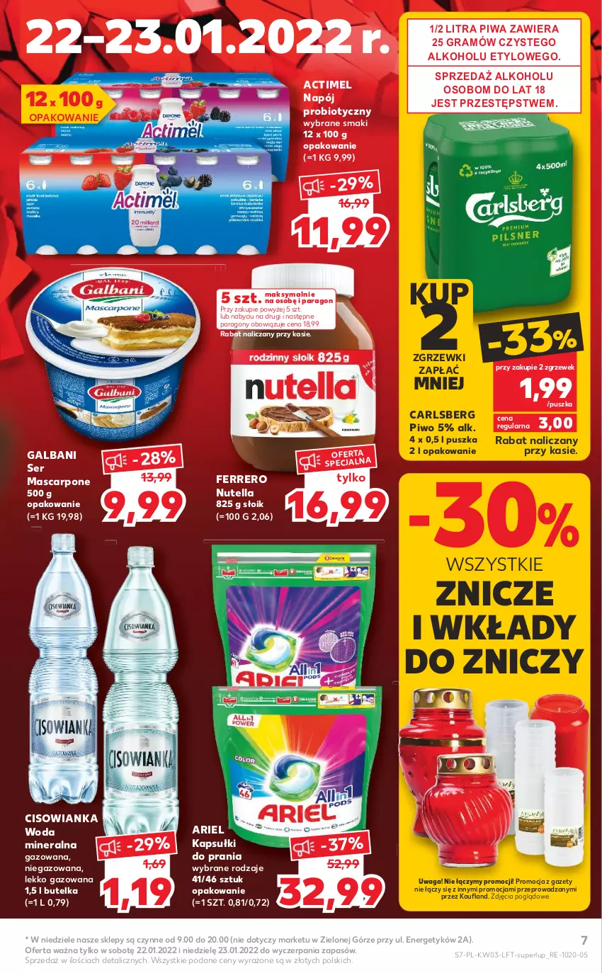 Gazetka promocyjna Kaufland - OFERTA TYGODNIA - ważna 20.01 do 26.01.2022 - strona 7 - produkty: Actimel, Ariel, Carlsberg, Cisowianka, Ferrero, Galbani, Gra, Kapsułki do prania, Mascarpone, Napój, Nutella, Piwa, Piwo, Ser, Waga, Woda, Woda mineralna, Znicz