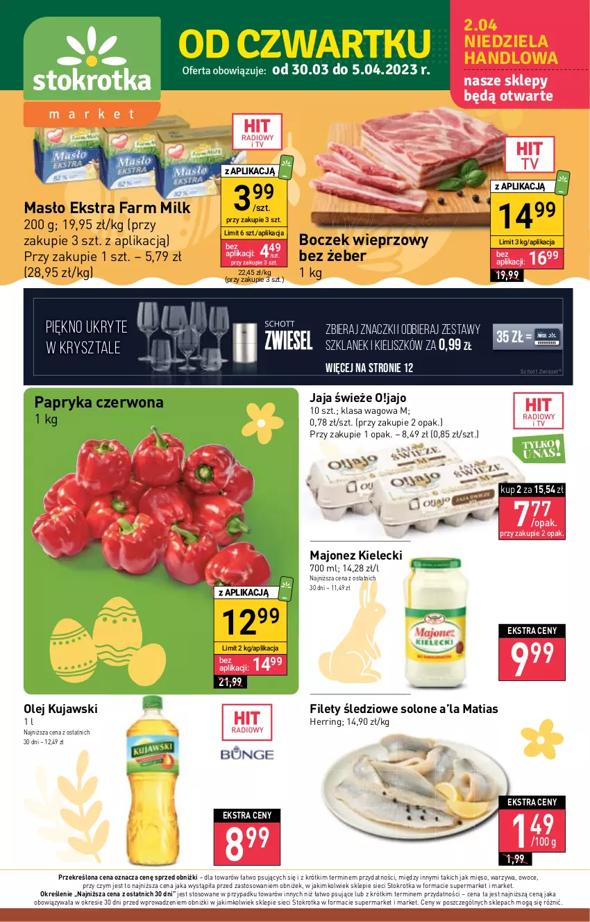 Gazetka promocyjna Stokrotka - Market - ważna 30.03 do 05.04.2023 - strona 1 - produkty: Boczek, Boczek wieprzowy, Fa, Farm Milk, Jaja, Kujawski, Majonez, Masło, Mięso, Olej, Owoce, Papryka, Papryka czerwona, Warzywa