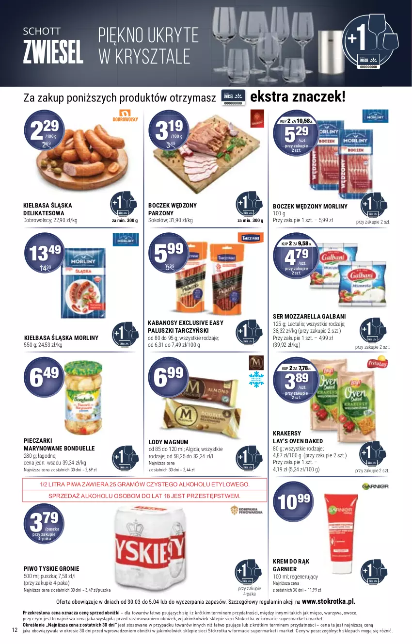 Gazetka promocyjna Stokrotka - Market - ważna 30.03 do 05.04.2023 - strona 12 - produkty: Algida, Boczek, Bonduelle, Galbani, Garnier, Gra, Kabanos, Kiełbasa, Kiełbasa śląska, Krakersy, Krem do rąk, Lay’s, LG, Lody, Mięso, Morliny, Mozzarella, Owoce, Piec, Piwa, Piwo, Ser, Sok, Sokołów, Tarczyński, Tyskie, Warzywa