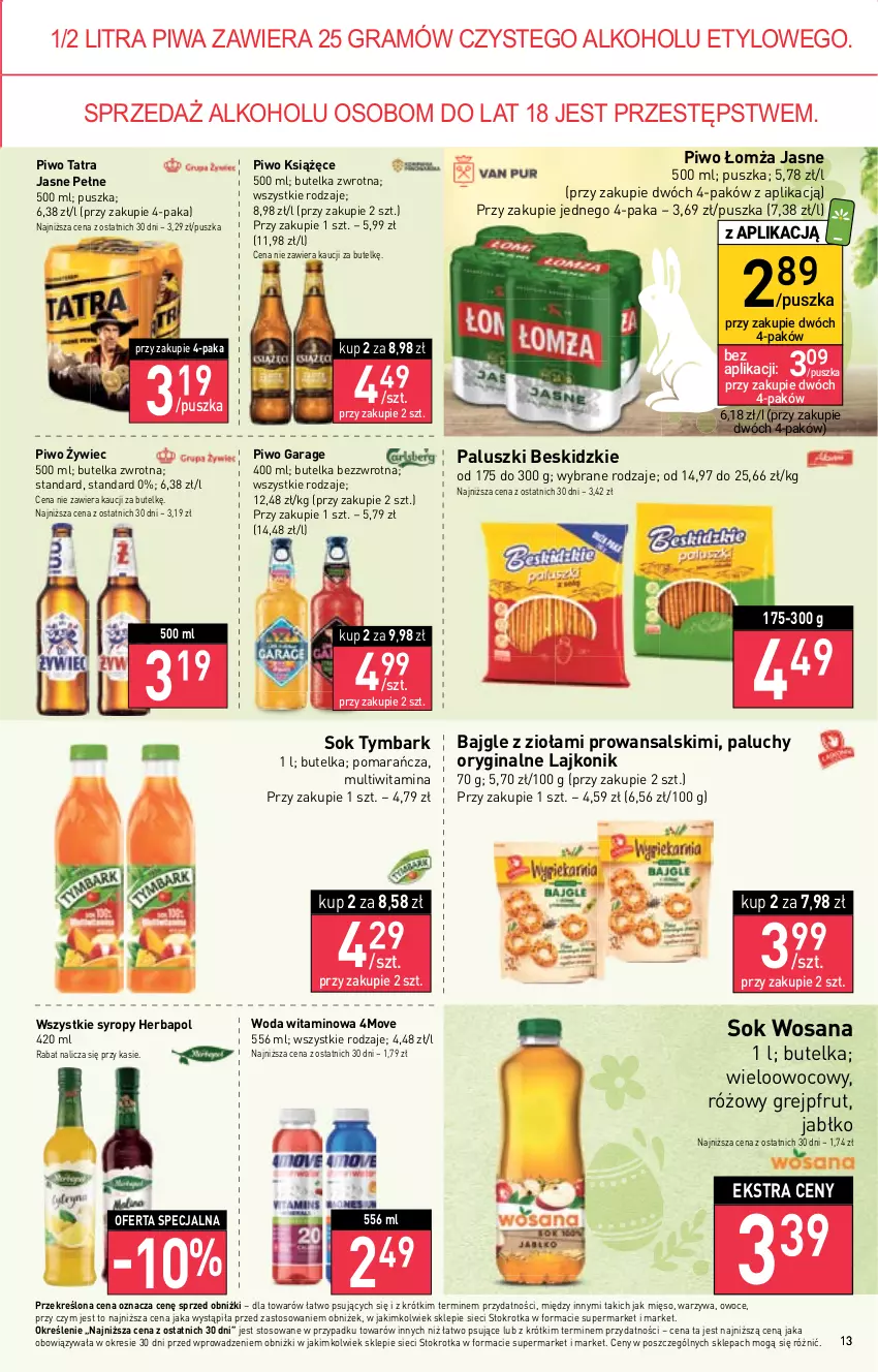 Gazetka promocyjna Stokrotka - Market - ważna 30.03 do 05.04.2023 - strona 13 - produkty: Bajgle, Beskidzki, Gin, Gra, Grejpfrut, Herbapol, Książęce, Lajkonik, Mięso, Owoce, Piwa, Piwo, Sok, Syrop, Syropy, Tatra, Tymbark, Warzywa, Woda, Wosana