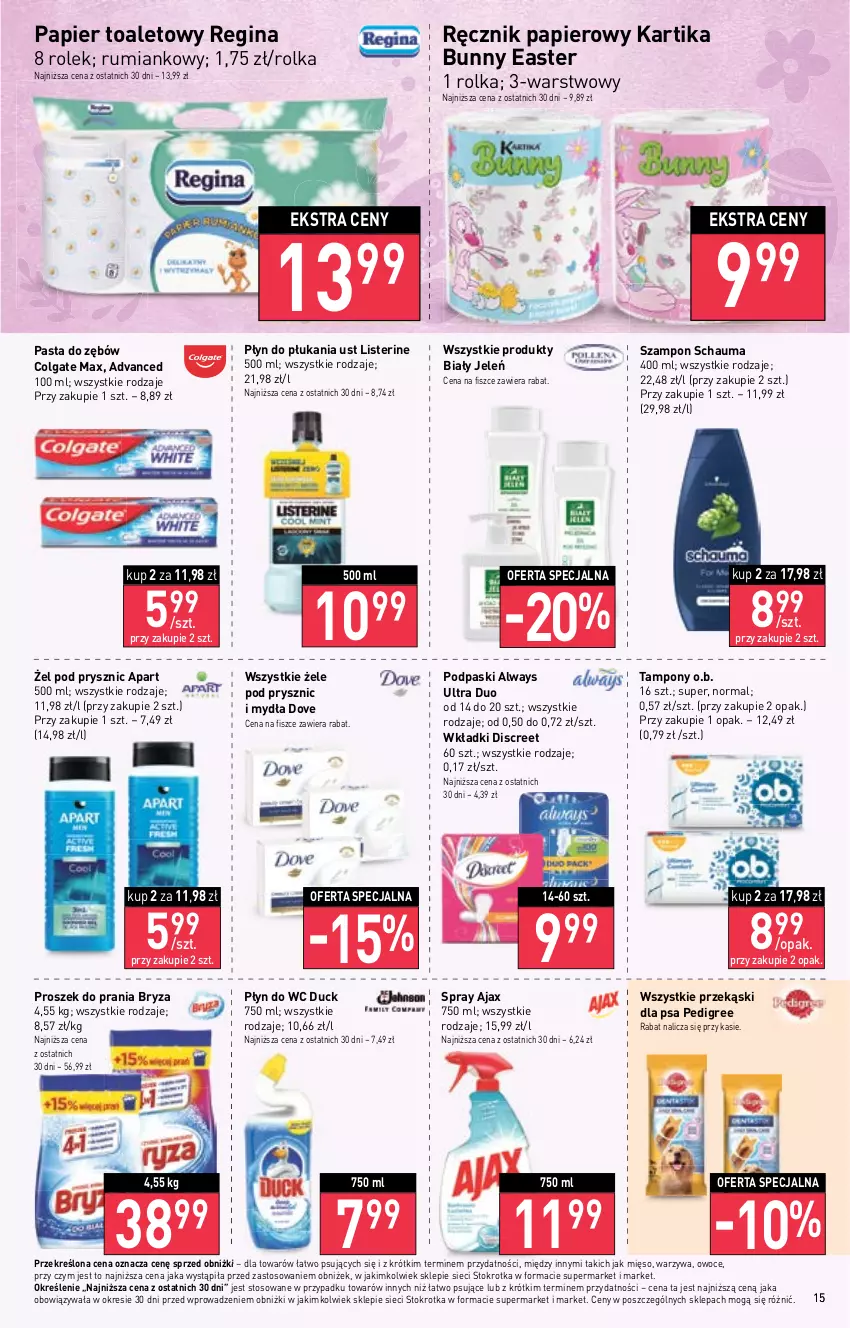 Gazetka promocyjna Stokrotka - Market - ważna 30.03 do 05.04.2023 - strona 15 - produkty: Ajax, Always, Always Ultra, Biały Jeleń, Bryza, Colgate, Discreet, Dove, Duck, Gin, LG, Listerine, Mięso, O.B., Owoce, Papier, Papier toaletowy, Pasta do zębów, Pedigree, Płyn do płukania, Płyn do wc, Podpaski, Proszek do prania, Przekąski dla psa, Ręcznik, Rum, Schauma, Szampon, Tampony, Warzywa, Wkładki