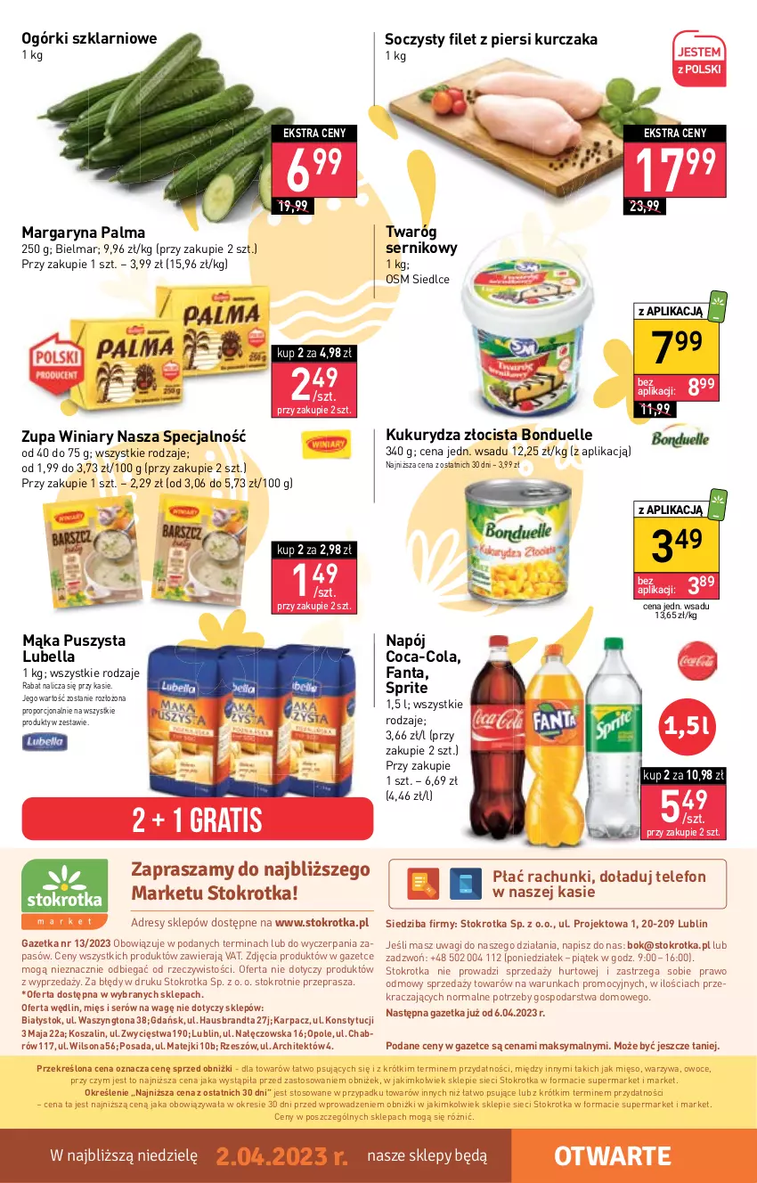 Gazetka promocyjna Stokrotka - Market - ważna 30.03 do 05.04.2023 - strona 16 - produkty: Bell, Bella, Bonduelle, Coca-Cola, Dres, Fa, Fanta, Filet z piersi kurczaka, Gra, JBL, Karp, Kosz, Kukurydza, Kurczak, Lubella, Mąka, Margaryna, Mięso, Napój, O nas, Owoce, Palma, Por, Ser, Sprite, Szal, Telefon, Twaróg, Wagi, Warzywa, Wilson, Winiary, Zupa