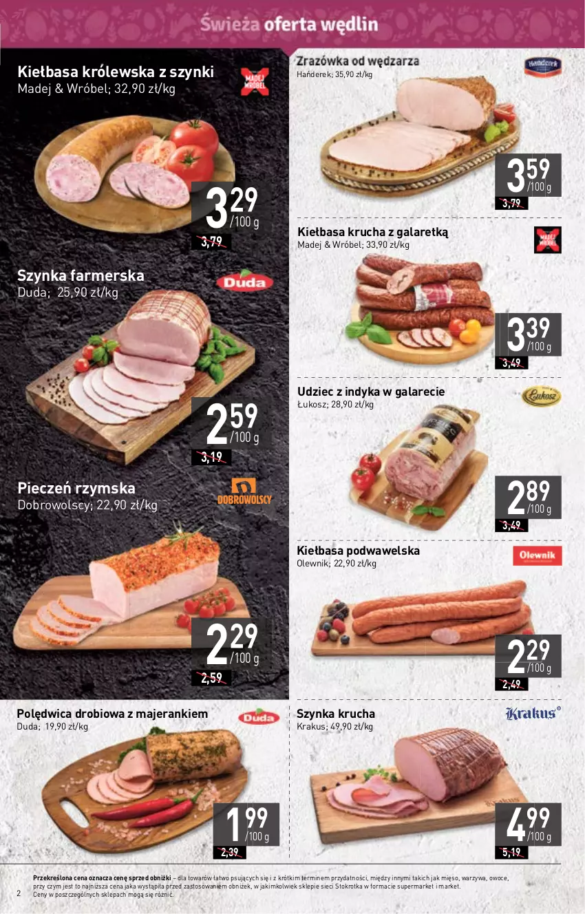 Gazetka promocyjna Stokrotka - Market - ważna 30.03 do 05.04.2023 - strona 2 - produkty: Duda, Fa, Gala, Kiełbasa, Kiełbasa krucha, Kiełbasa podwawelska, Kosz, Krakus, Mięso, Olewnik, Owoce, Piec, Pieczeń rzymska, Polędwica, Szynka, Szynka farmerska, Udziec z indyka, Udziec z indyka w galarecie, Warzywa, Wawel