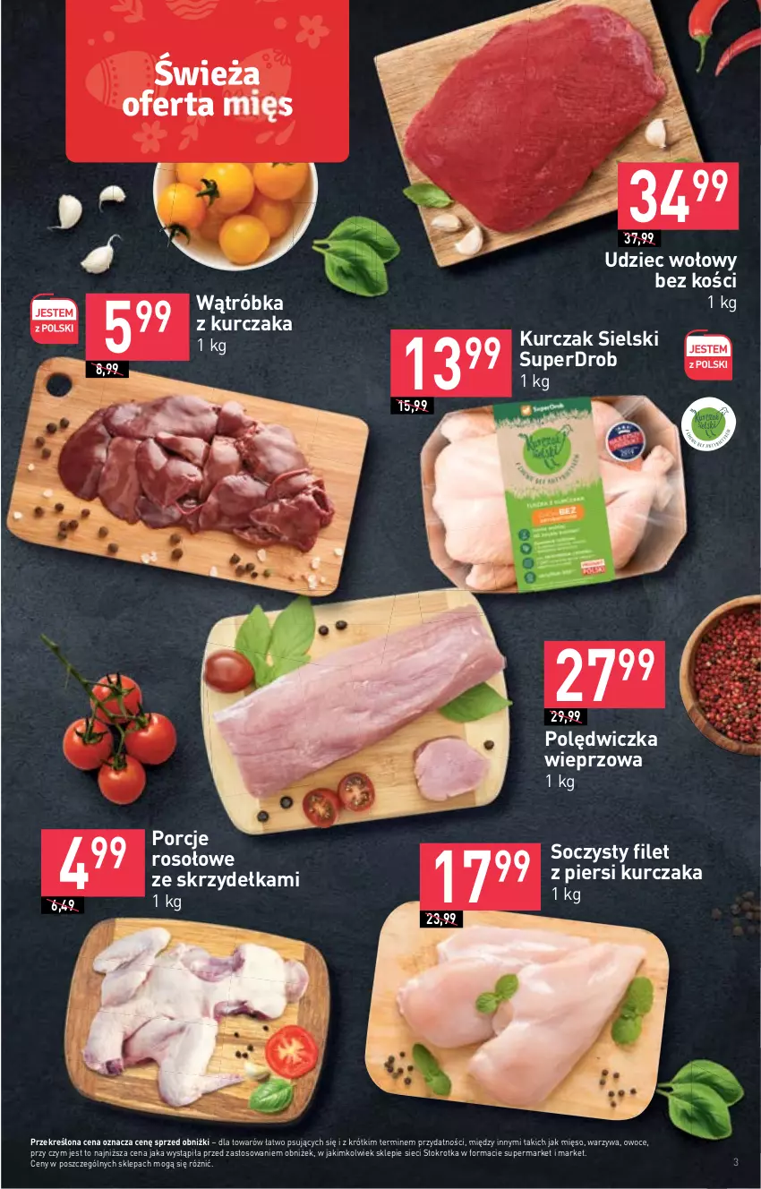 Gazetka promocyjna Stokrotka - Market - ważna 30.03 do 05.04.2023 - strona 3 - produkty: Filet z piersi kurczaka, Kurczak, Mięso, Owoce, Polędwiczka wieprzowa, Por, Udziec wołowy, Warzywa