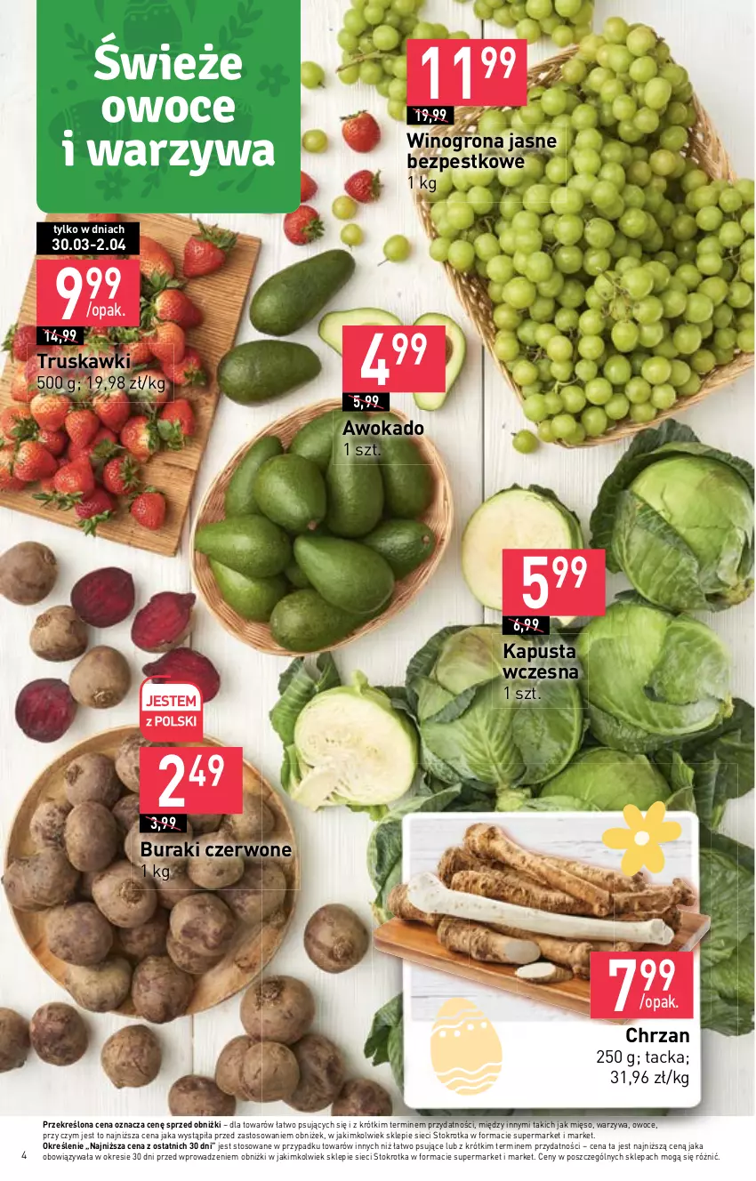 Gazetka promocyjna Stokrotka - Market - ważna 30.03 do 05.04.2023 - strona 4 - produkty: Buraki, Chrzan, Mięso, Owoce, Truskawki, Warzywa, Wino, Winogrona