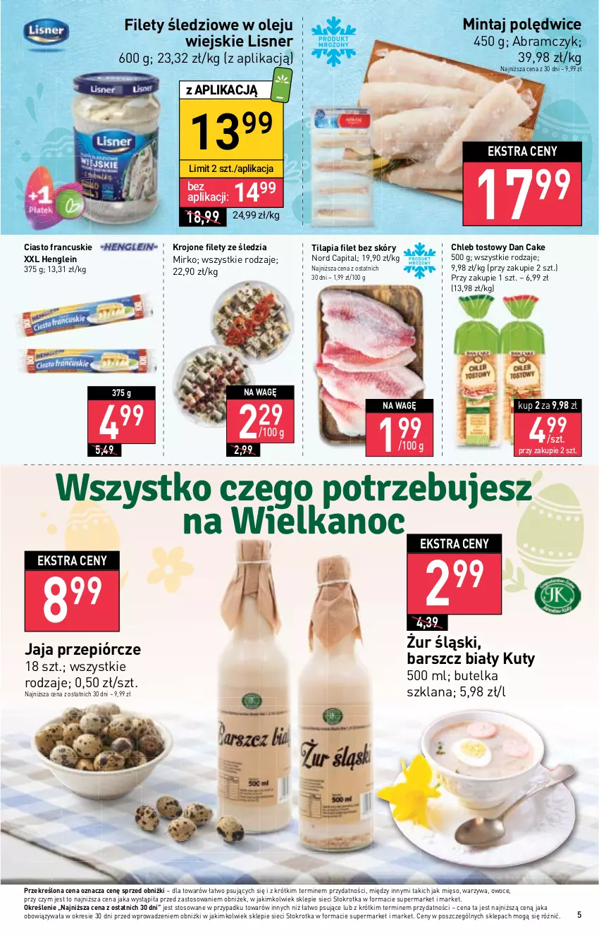 Gazetka promocyjna Stokrotka - Market - ważna 30.03 do 05.04.2023 - strona 5 - produkty: Chleb, Chleb tostowy, Ciasto francuskie, Dan Cake, Jaja, LANA, Lisner, Mięso, Mintaj, Olej, Owoce, Tilapia, Warzywa