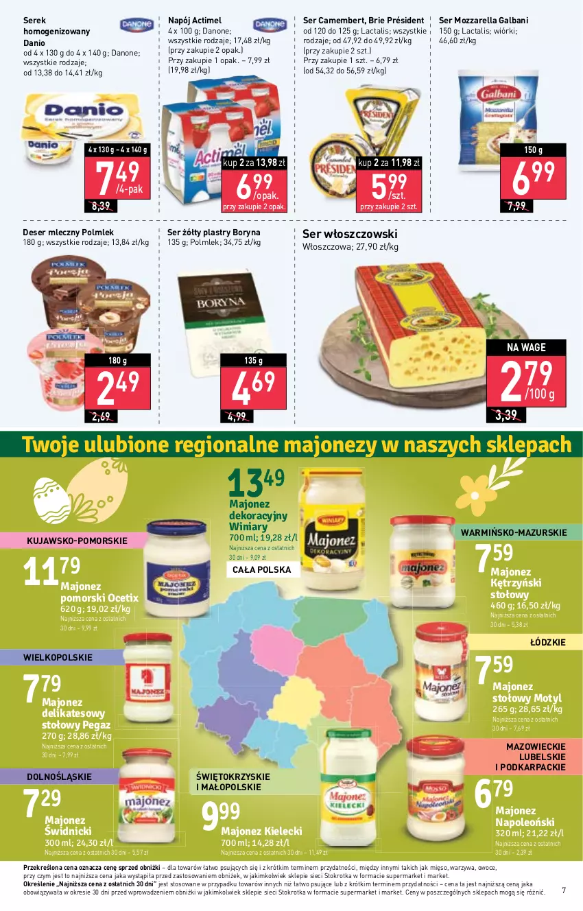 Gazetka promocyjna Stokrotka - Market - ważna 30.03 do 05.04.2023 - strona 7 - produkty: Actimel, Brie, Camembert, Danio, Danone, Deser, Deser mleczny, Galbani, Karp, Majonez, Mięso, Mozzarella, Napój, Ocet, Oleo, Owoce, POLMLEK, Président, Ser, Serek, Serek homogenizowany, Warzywa, Winiary, Włoszczowski