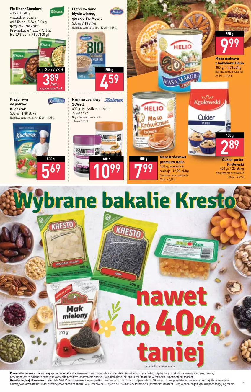 Gazetka promocyjna Stokrotka - Market - ważna 30.03 do 05.04.2023 - strona 9 - produkty: Cukier, Cukier puder, Helio, Knorr, Krem orzechowy, Królewski, Kucharek, Masa krówkowa, Melvit, Mięso, Owoce, Płatki owsiane, Przyprawa do potraw, Puder, Warzywa