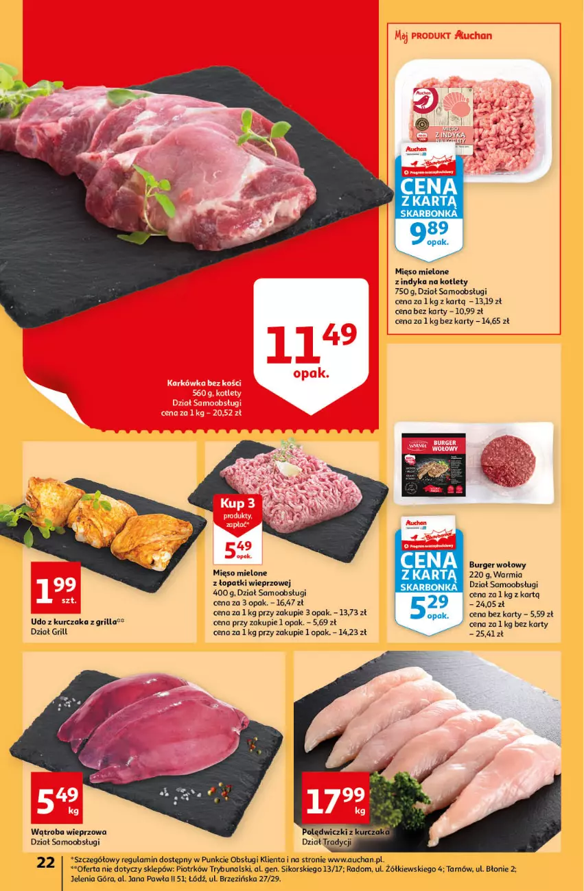 Gazetka promocyjna Auchan - przeNISKIE CENY czas na przepyszności Hipermarkety - ważna 17.03 do 23.03.2022 - strona 22 - produkty: Burger, Grill, Kotlet, Kurczak, Mięso, Mięso mielone, Udo z kurczaka