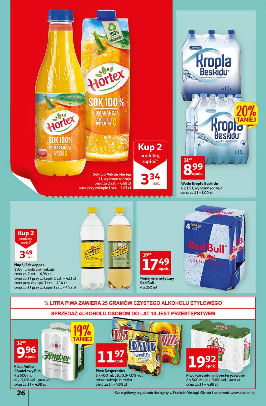 Gazetka promocyjna Auchan - przeNISKIE CENY czas na przepyszności Hipermarkety - ważna 17.03 do 23.03.2022 - strona 26 - produkty: Desperados, Gra, Hortex, Kasztelan, Napój, Napój energetyczny, Nektar, Piwa, Piwo, Red Bull, Schweppes, Sok, Woda