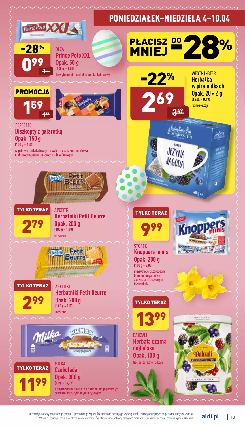 Gazetka promocyjna Aldi - Pełny katalog - ważna 04.04 do 10.04.2022 - strona 13 - produkty: Biszkopty, Czekolada, Gala, Herbata, Herbata czarna, Herbatniki, Herbatniki Petit Beurre, Jogurt, Kakao, Knoppers, Kokos, Milka, Oreo, Prince Polo, Ryż, Tera